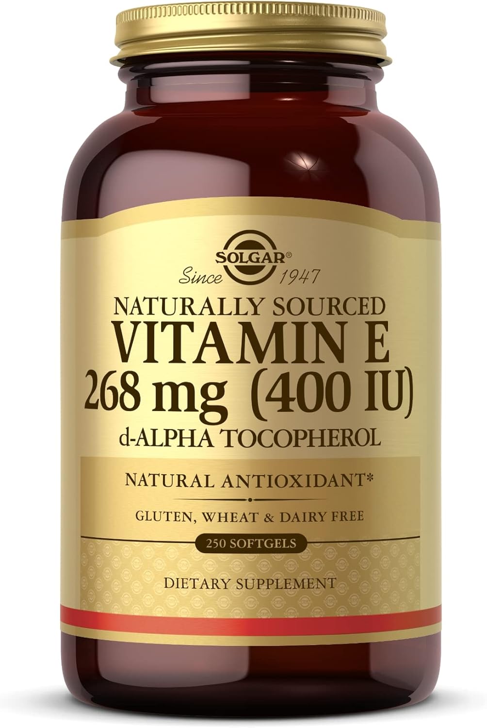 250 Softgels of SOLGAR Vitamin E 268 mg (400 IU) - Naturally-Sourced d-Alpha Tocopherol - Gluten and Dairy Free - 250 Servings