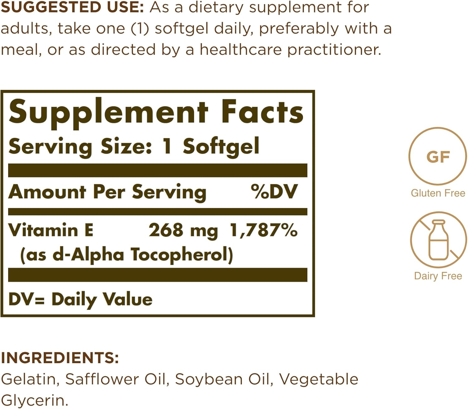 250 Softgels of SOLGAR Vitamin E 268 mg (400 IU) - Naturally-Sourced d-Alpha Tocopherol - Gluten and Dairy Free - 250 Servings