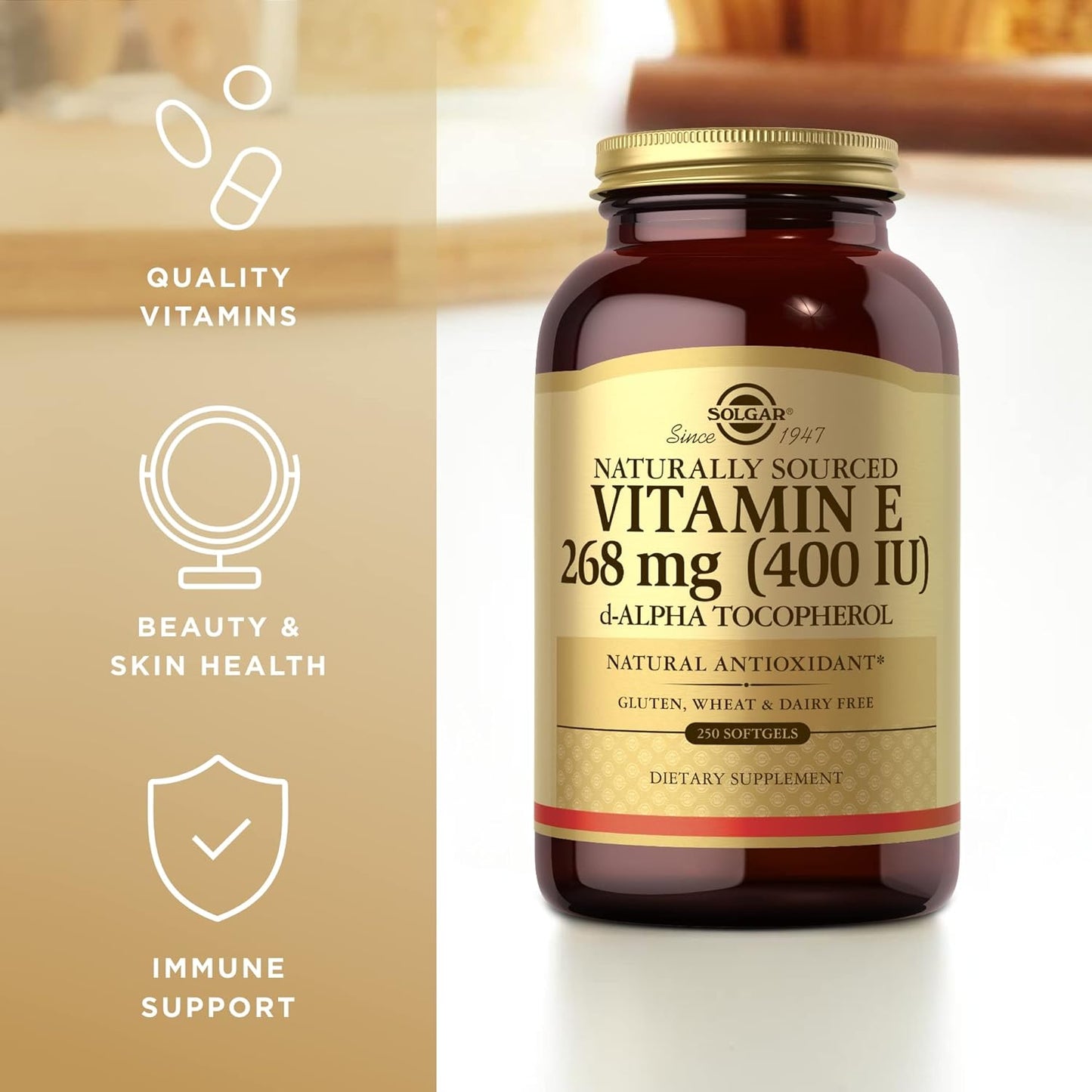 250 Softgels of SOLGAR Vitamin E 268 mg (400 IU) - Naturally-Sourced d-Alpha Tocopherol - Gluten and Dairy Free - 250 Servings