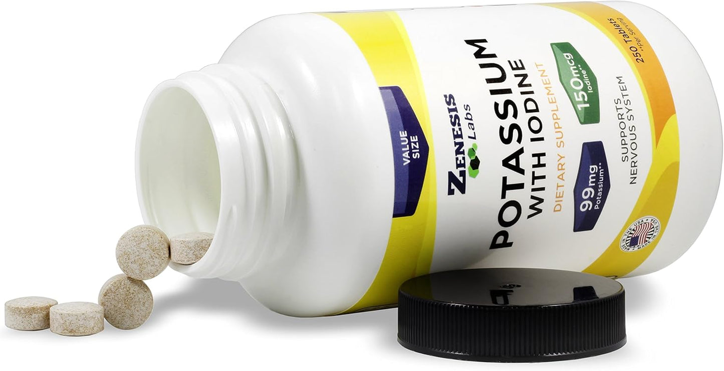 250 Tablets of Zenesis Labs Potassium Gluconate 99mg with Iodine from Kelp - Bulk Size