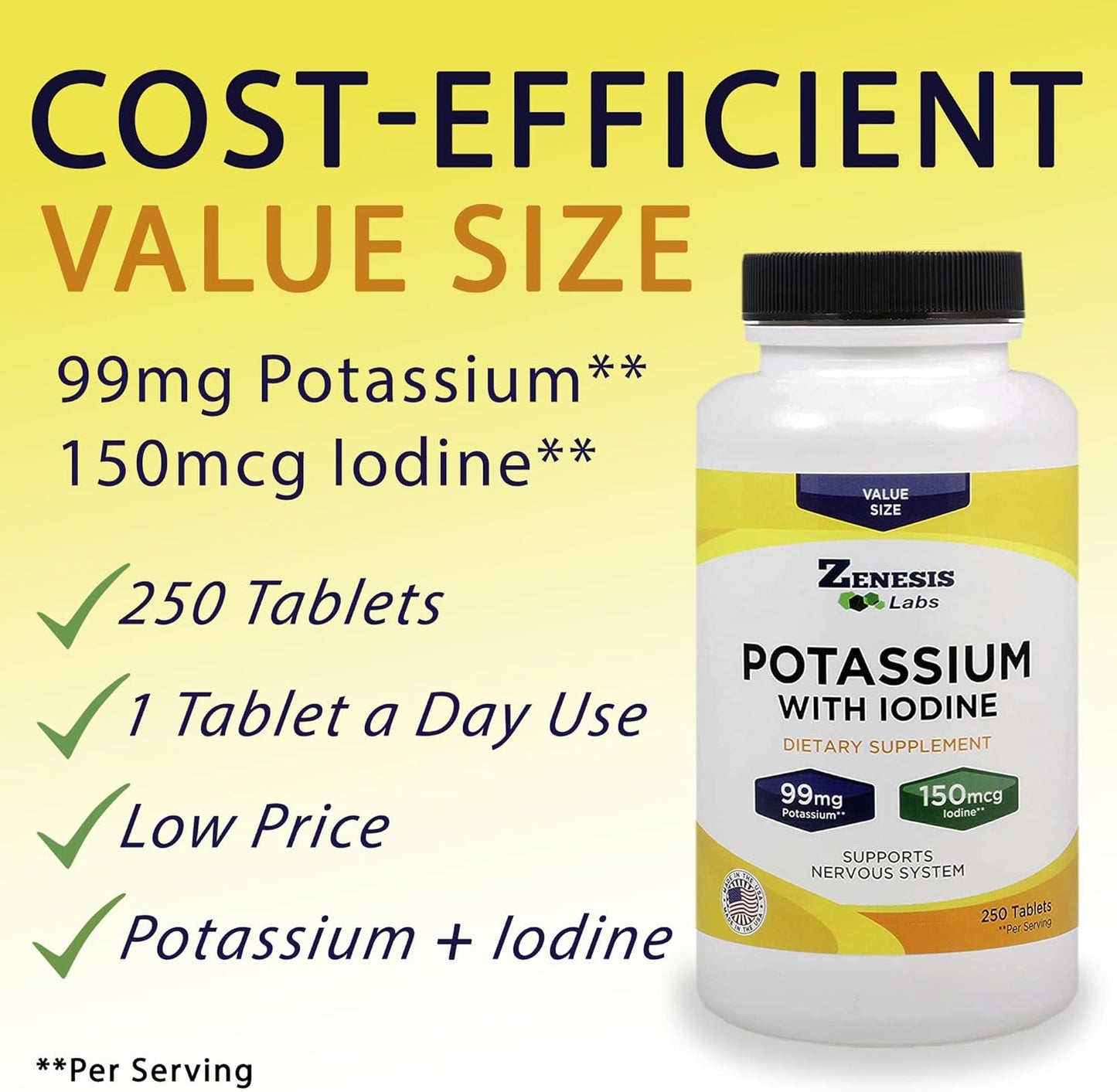 250 Tablets of Zenesis Labs Potassium Gluconate 99mg with Iodine from Kelp - Bulk Size