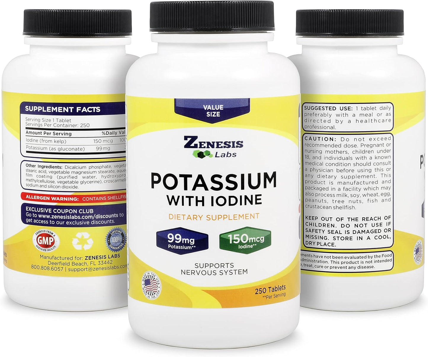 250 Tablets of Zenesis Labs Potassium Gluconate 99mg with Iodine from Kelp - Bulk Size