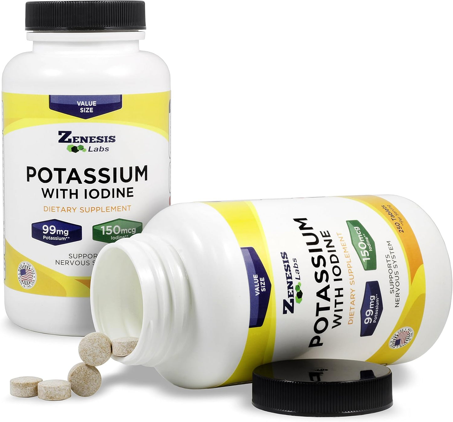 250 Tablets of Zenesis Labs Potassium Gluconate 99mg with Iodine from Kelp - Bulk Size