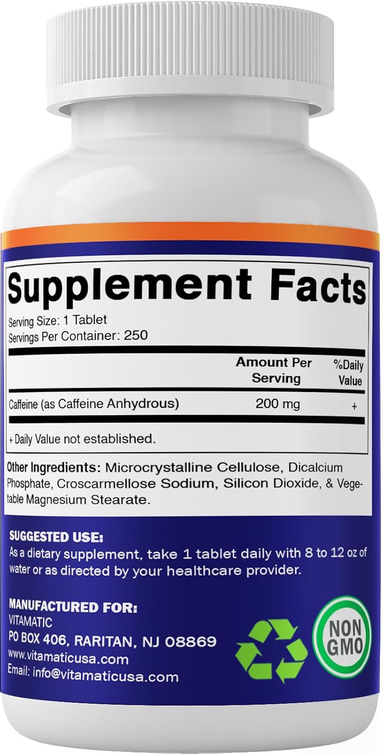 250 Vegetarian Tablets of Vitamatic Caffeine Pills with 200mg per Serving