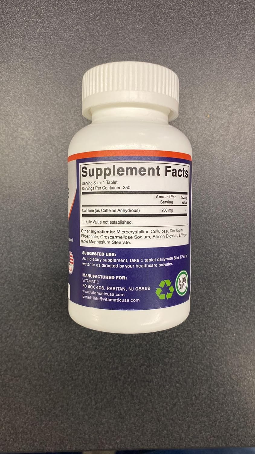 250 Vegetarian Tablets of Vitamatic Caffeine Pills with 200mg per Serving