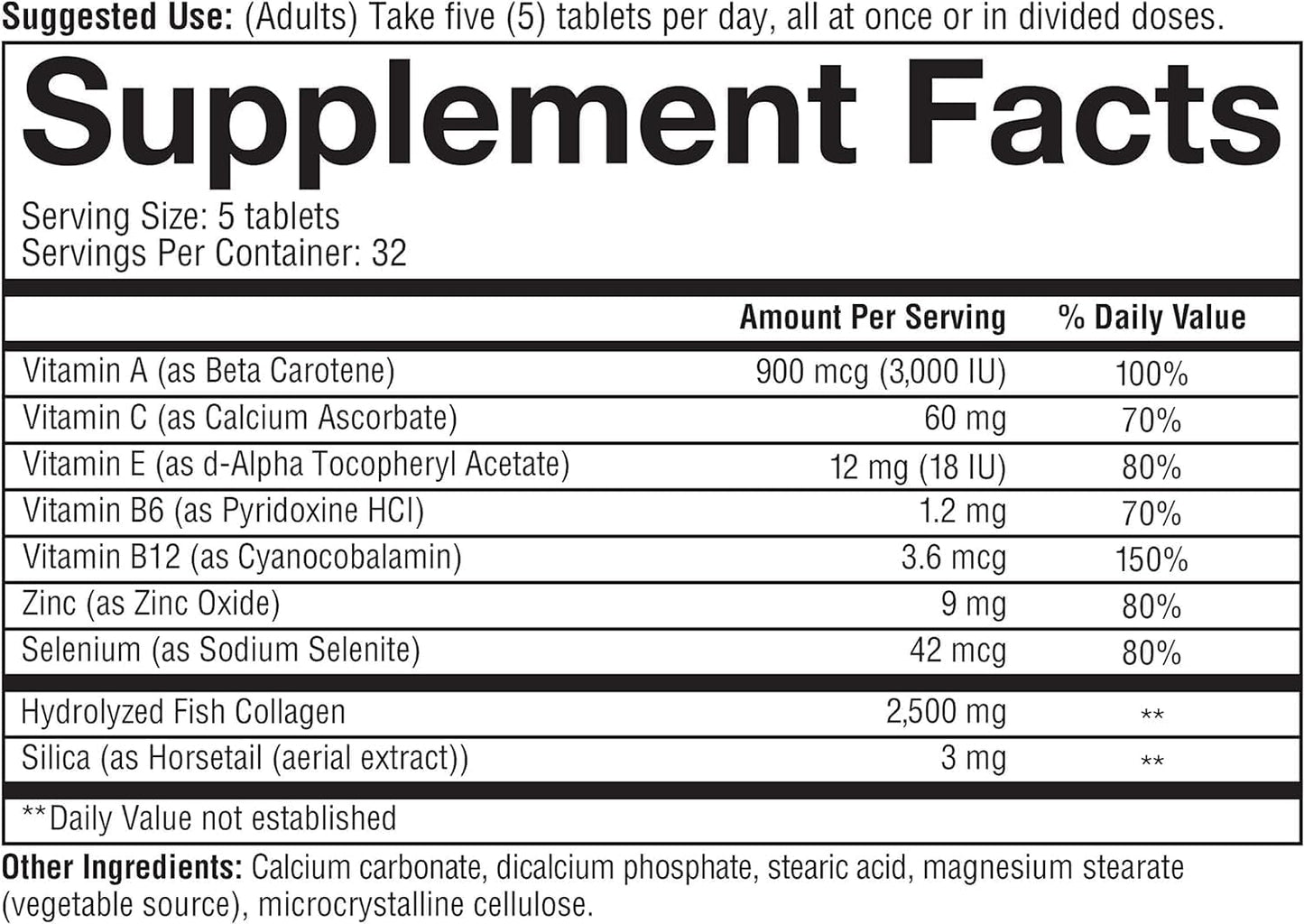 2,500mg Marine Collagen Tablets with Vitamin C & More - Skin Support - Highly Digestible