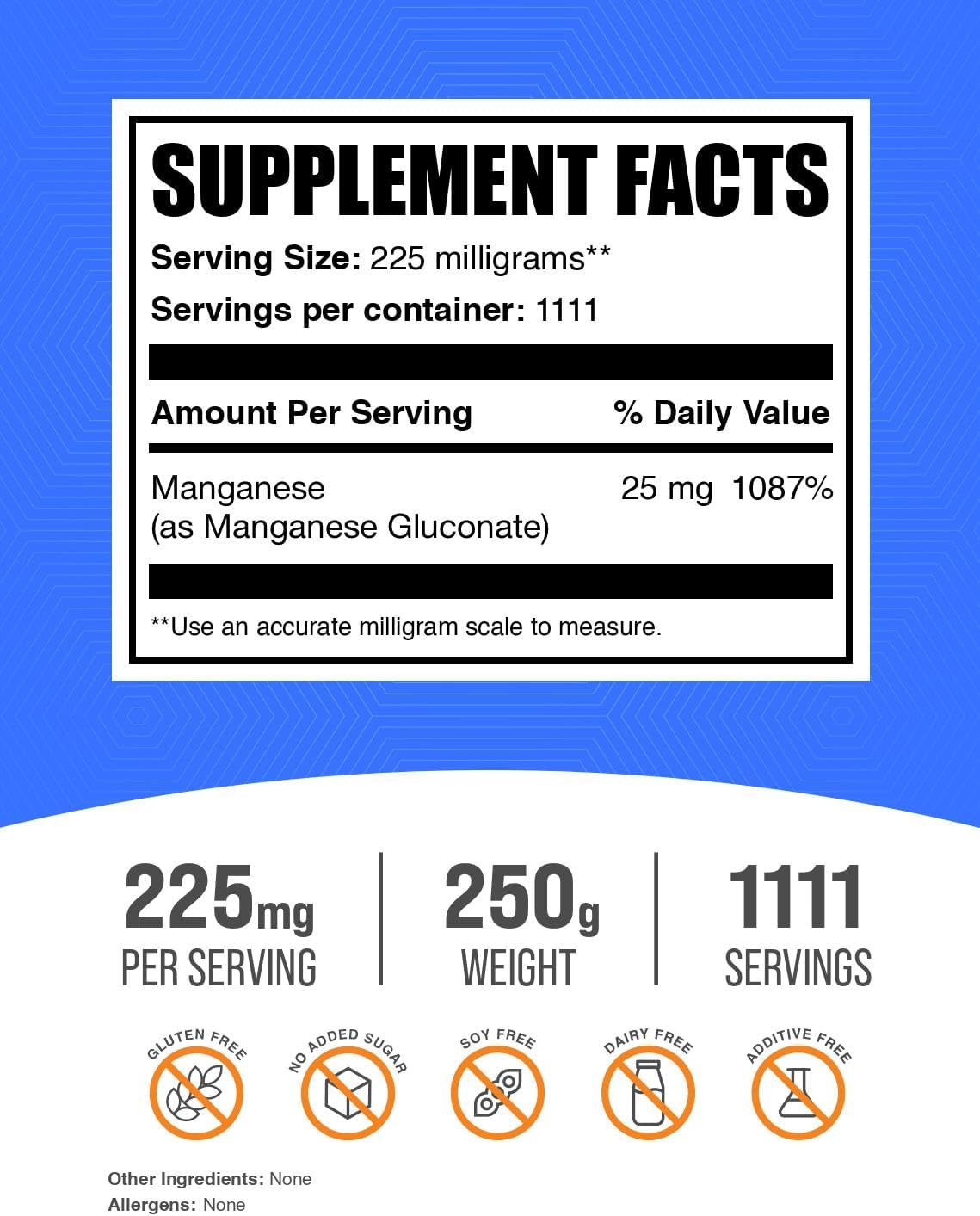 250g Manganese Gluconate Powder - High Absorption Manganese Supplement - Gluten-Free Trace Mineral - 225mg per Serving
