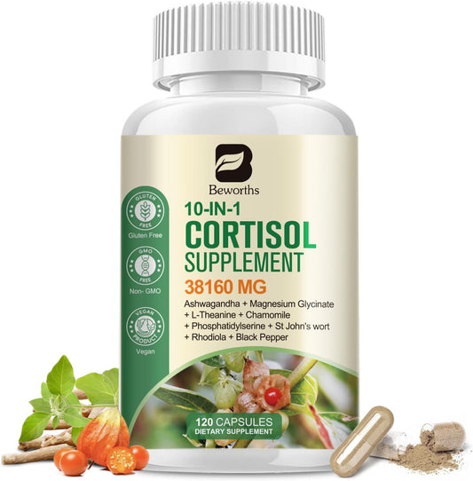 250MG Ashwagandha Cortisol Reducer Supplement for Men and Women with Magnesium Glycinate, L-Theanine, Rhodiola - Non-GMO Stress and Mood Support Formula