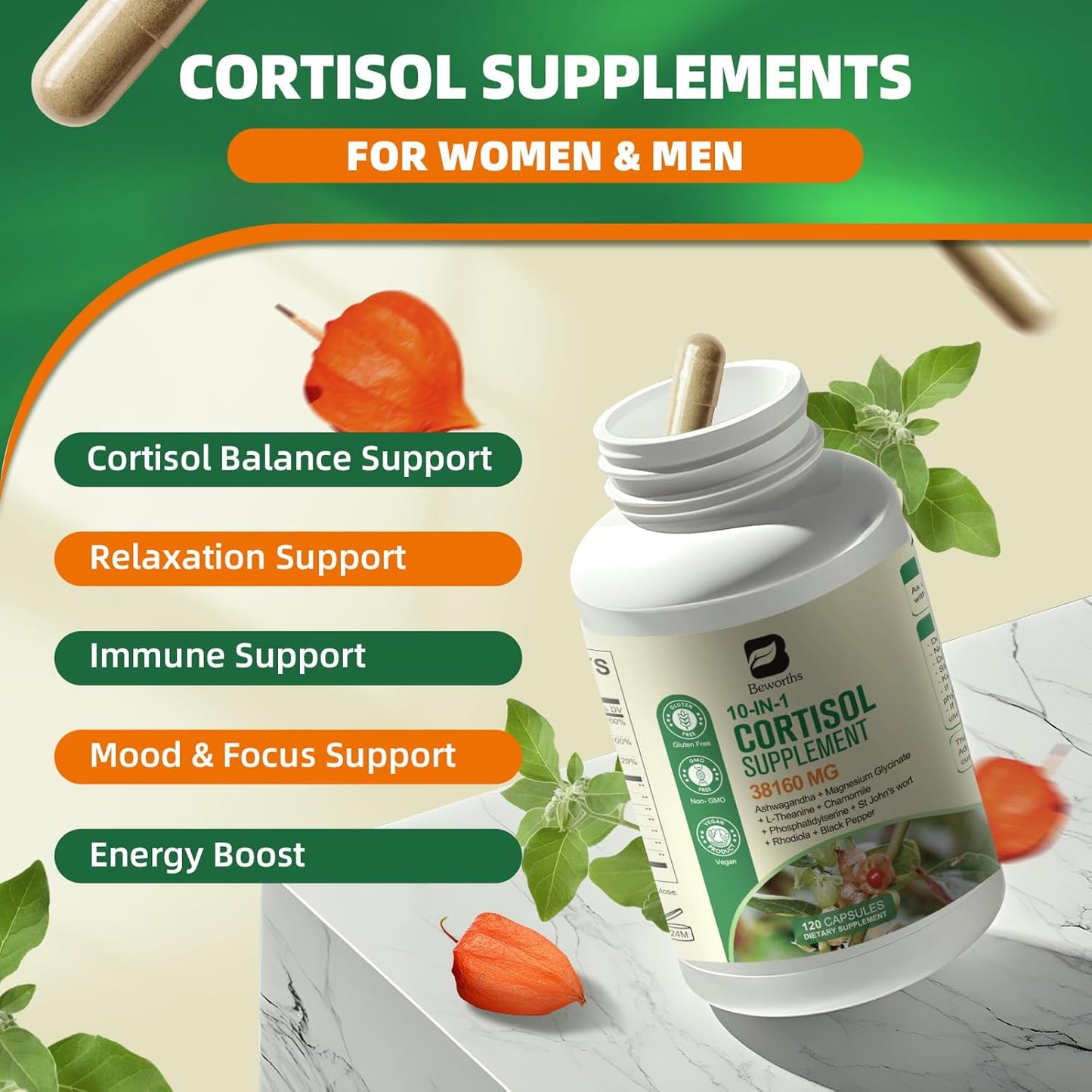 250MG Ashwagandha Cortisol Reducer Supplement for Men and Women with Magnesium Glycinate, L-Theanine, Rhodiola - Non-GMO Stress and Mood Support Formula