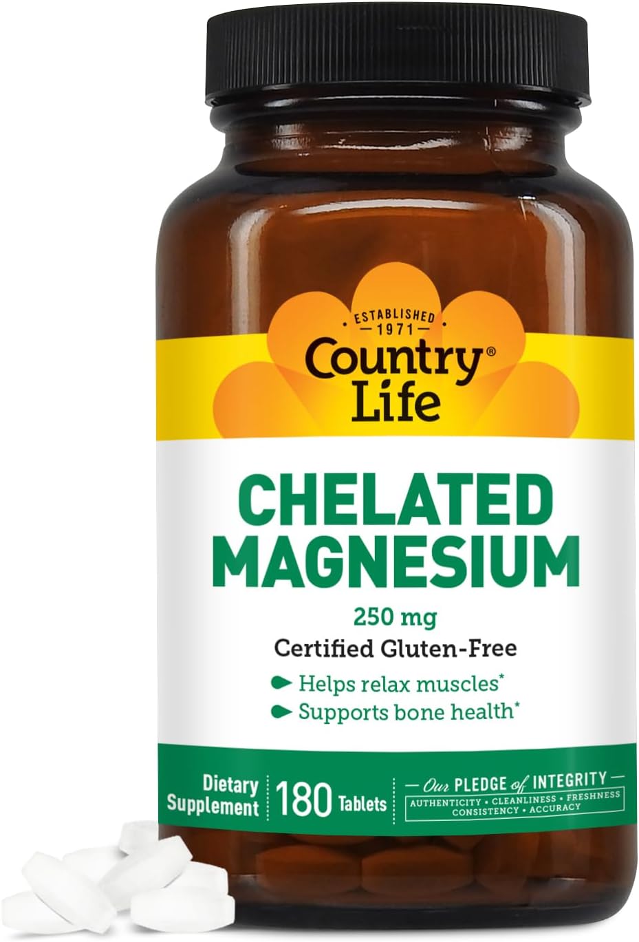 250mg Country Life Chelated Magnesium Supplement for Heart, Bone & Muscle Health - Vegan & Gluten-Free Formula with Magnesium Oxide and Amino Acid Chelate