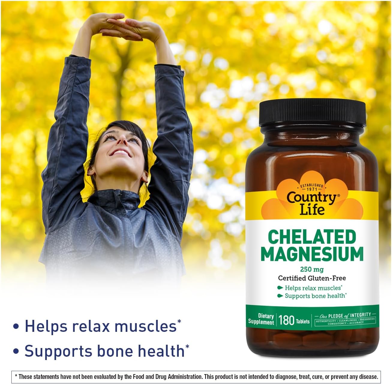 250mg Country Life Chelated Magnesium Supplement for Heart, Bone & Muscle Health - Vegan & Gluten-Free Formula with Magnesium Oxide and Amino Acid Chelate