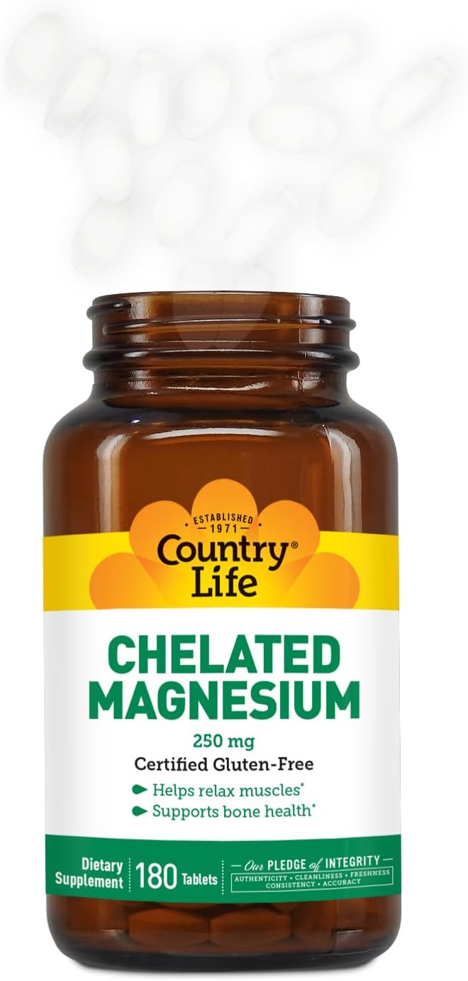 250mg Country Life Chelated Magnesium Supplement for Heart, Bone & Muscle Health - Vegan & Gluten-Free Formula with Magnesium Oxide and Amino Acid Chelate