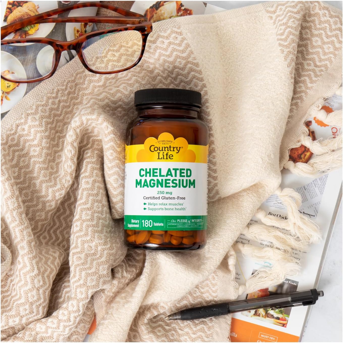 250mg Country Life Chelated Magnesium Supplement for Heart, Bone & Muscle Health - Vegan & Gluten-Free Formula with Magnesium Oxide and Amino Acid Chelate