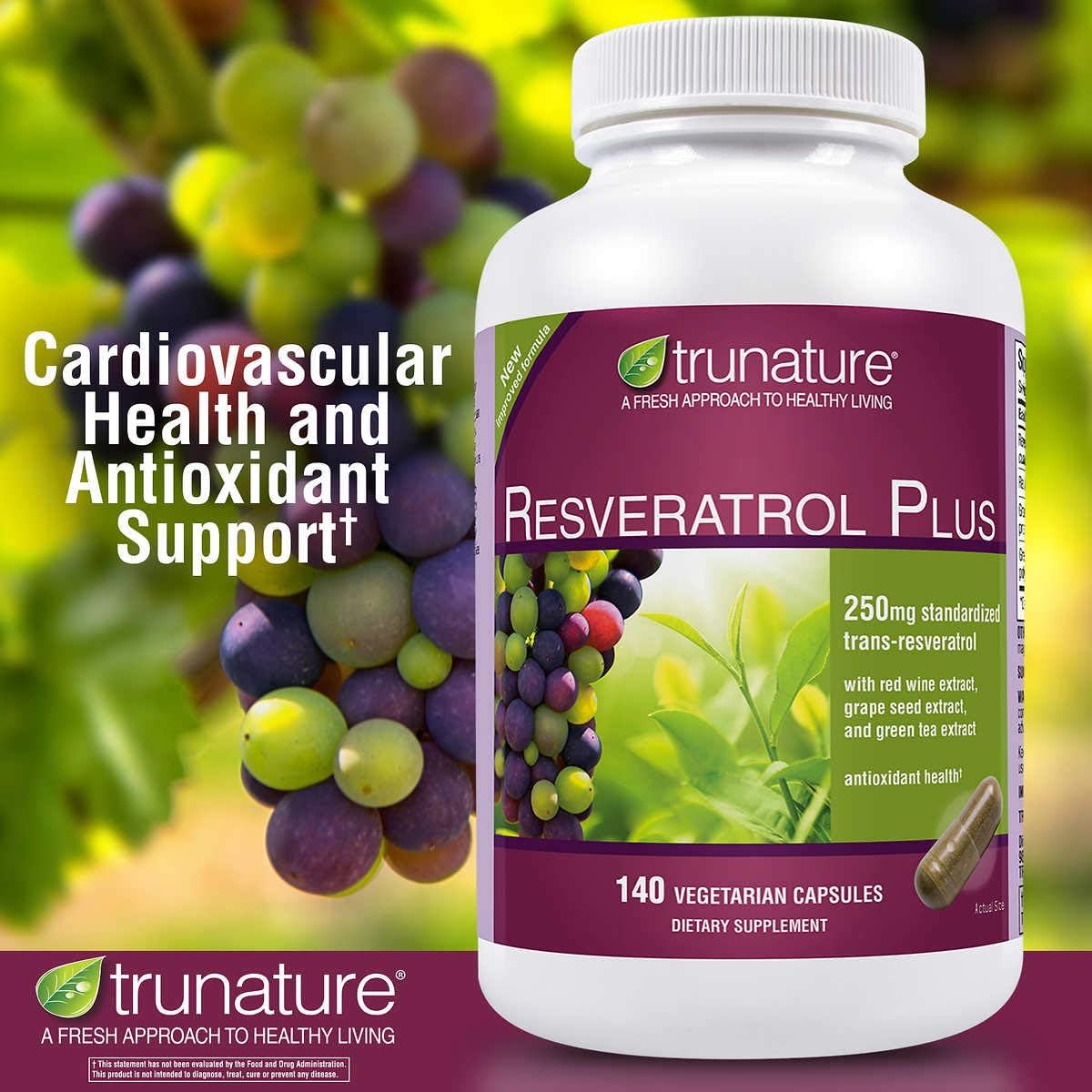 250mg Standardized Trans-Resveratrol in 140 Vegetarian Capsules by Nilogie TruNature