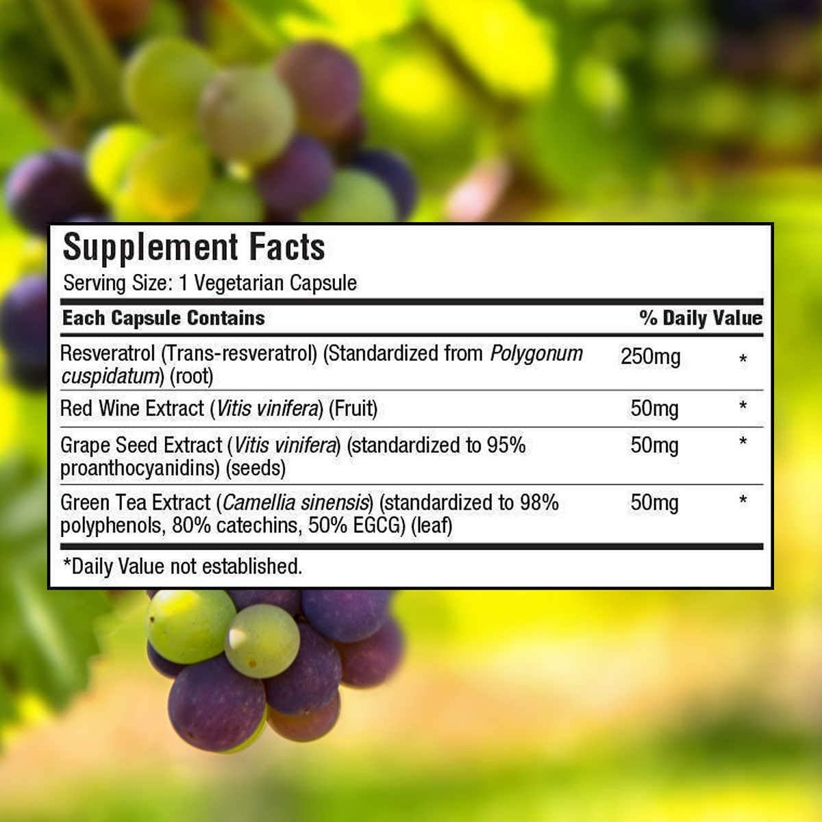250mg Standardized Trans-Resveratrol in 140 Vegetarian Capsules by Nilogie TruNature
