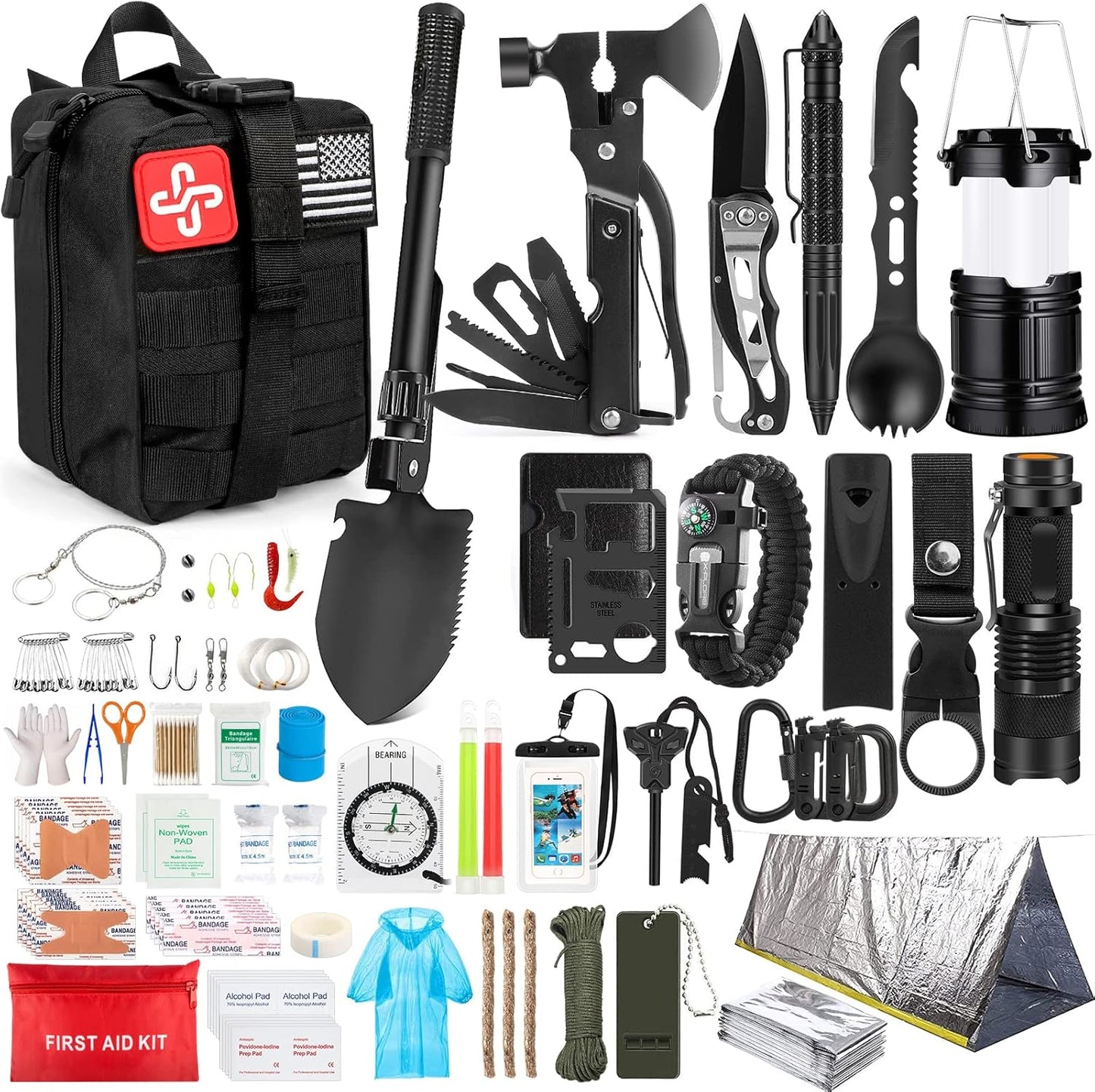 250Pcs First Aid Survival Gear Kit with Molle Bag and Emergency Tent - Ideal for Earthquake, Outdoor Adventure, Hiking, Hunting - Great Gifts for Men and Women