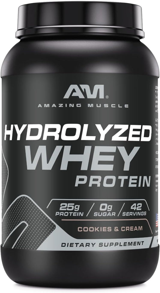 25g Amazing Muscle Hydrolyzed Whey Protein Isolate Cookies & Cream Flavor | 3lb USA-made Supplement