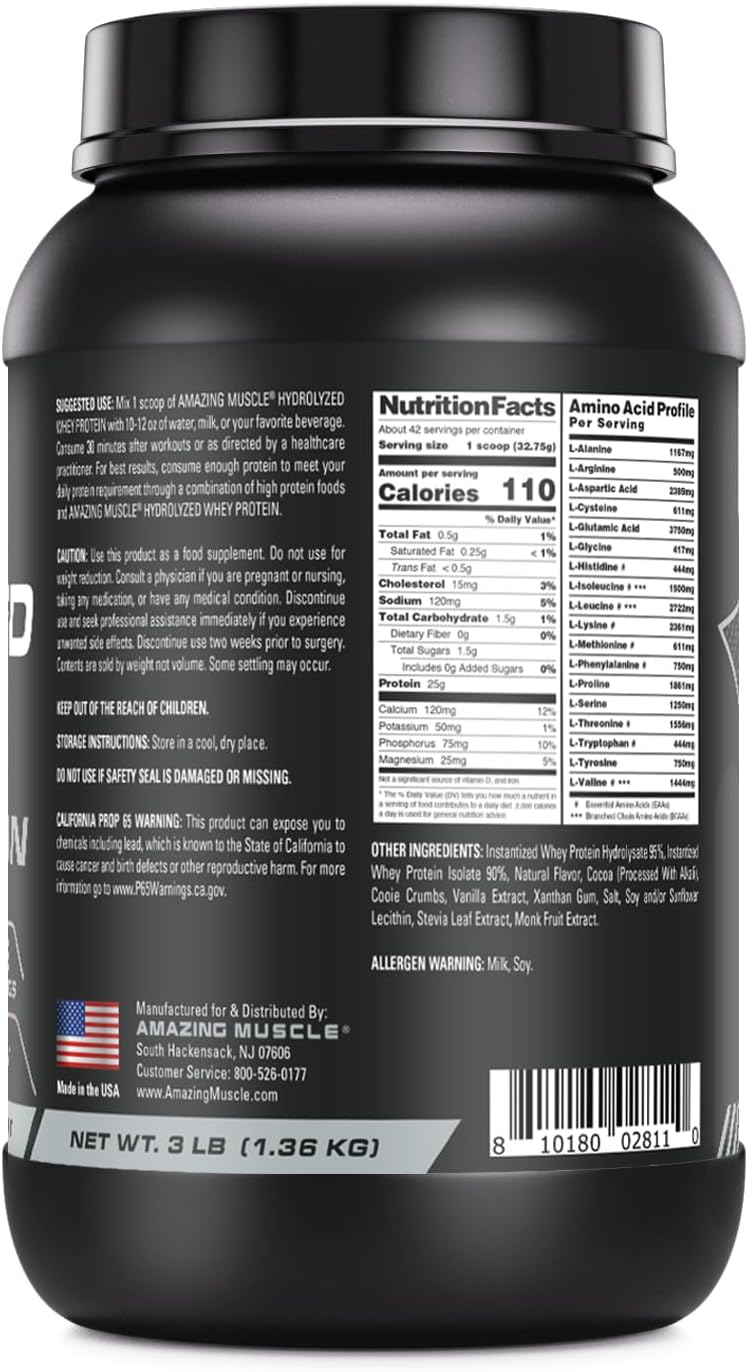 25g Amazing Muscle Hydrolyzed Whey Protein Isolate Cookies & Cream Flavor | 3lb USA-made Supplement