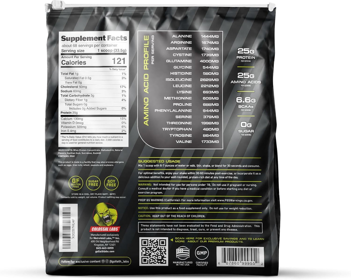 25g Pure Protein Whey Powder - Cookies n Cream Flavor - Cold Filtered - 6.6g BCAAs - 20 lbs Pack - COLOSSAL LABS