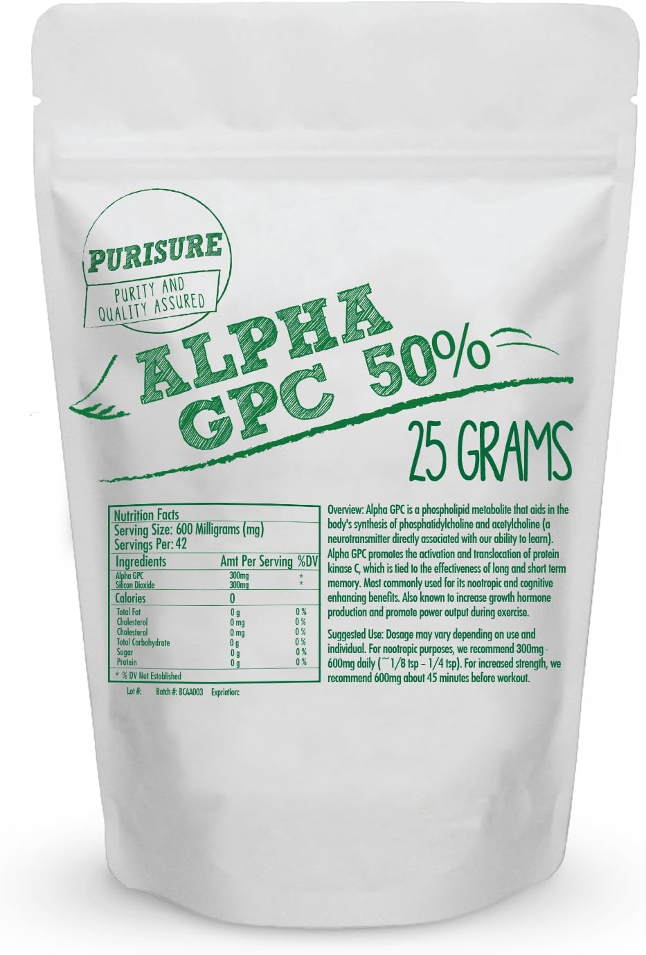25g Purisure Alpha GPC 50% Powder: Pure Choline Supplement for Brain Focus, Memory & Concentration - Non-GMO, 42 Servings