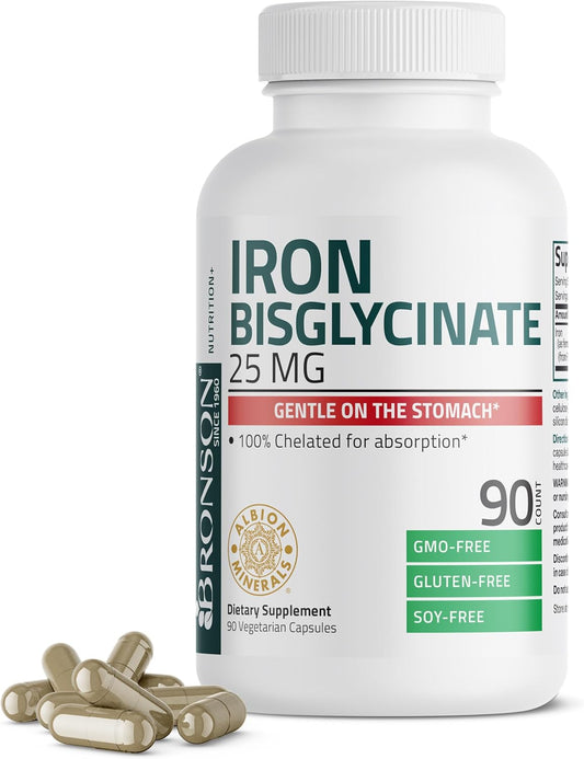 25mg Bronson Iron Bisglycinate Capsules - Gentle on Stomach, Supports Energy & Red Blood Cells - Non-Constipating, Non-GMO - 90 Vegetarian Caps
