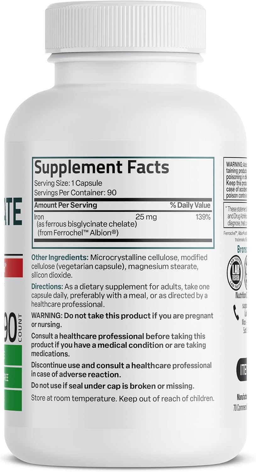 25mg Bronson Iron Bisglycinate Capsules - Gentle on Stomach, Supports Energy & Red Blood Cells - Non-Constipating, Non-GMO - 90 Vegetarian Caps