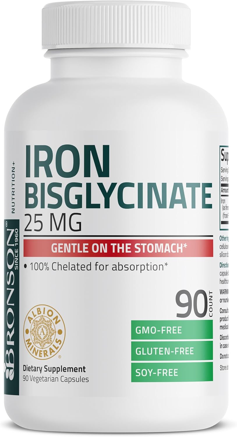 25mg Bronson Iron Bisglycinate Capsules - Gentle on Stomach, Supports Energy & Red Blood Cells - Non-Constipating, Non-GMO - 90 Vegetarian Caps