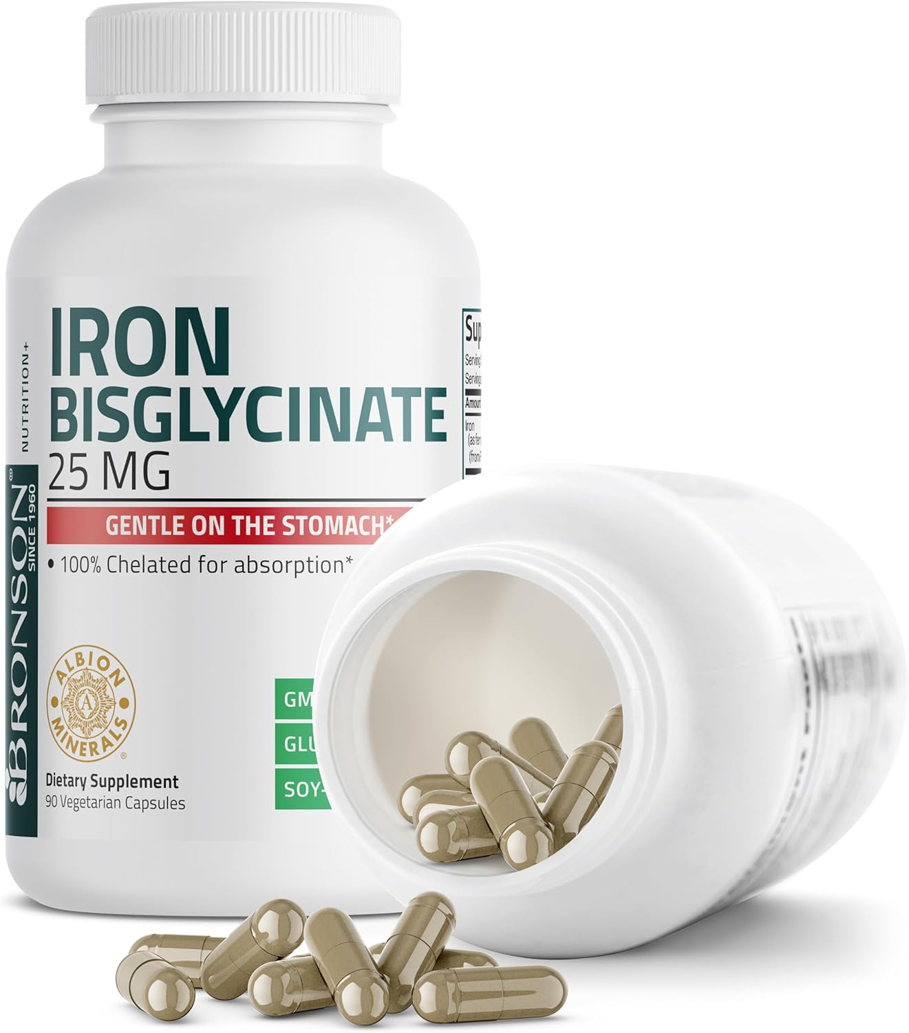 25mg Bronson Iron Bisglycinate Capsules - Gentle on Stomach, Supports Energy & Red Blood Cells - Non-Constipating, Non-GMO - 90 Vegetarian Caps
