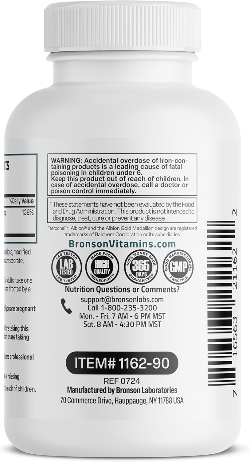 25mg Bronson Iron Bisglycinate Capsules - Gentle on Stomach, Supports Energy & Red Blood Cells - Non-Constipating, Non-GMO - 90 Vegetarian Caps