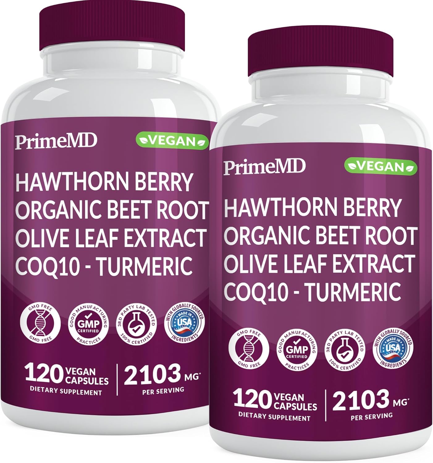 26-in-1 Nitric Oxide Supplement for Heart Health - Blood Pressure Support with Coq 10, Organic Beet Root, Hawthorn Berry, and Garlic - 2103mg (120 ct, 2 Pack) - PrimeMD