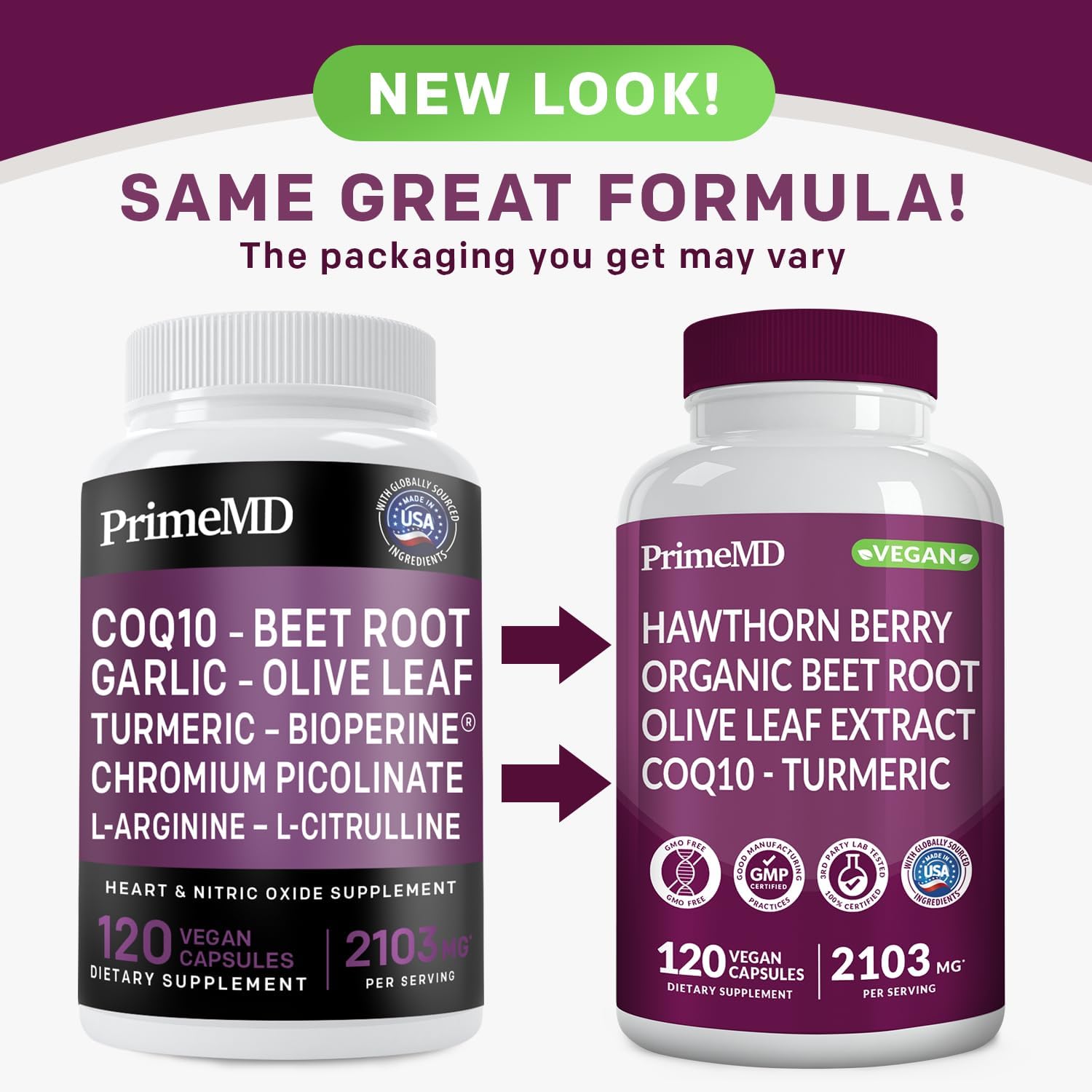 26-in-1 Nitric Oxide Supplement for Heart Health - Blood Pressure Support with Coq 10, Organic Beet Root, Hawthorn Berry, and Garlic - 2103mg (120 ct, 2 Pack) - PrimeMD