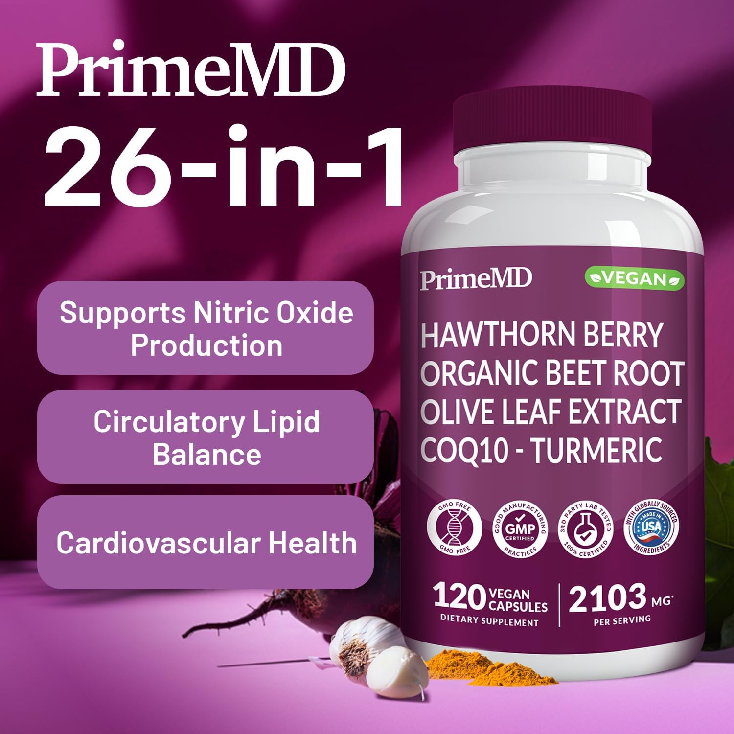 26-in-1 Nitric Oxide Supplement for Heart Health - Blood Pressure Support with Coq 10, Organic Beet Root, Hawthorn Berry, and Garlic - 2103mg (120 ct, 2 Pack) - PrimeMD