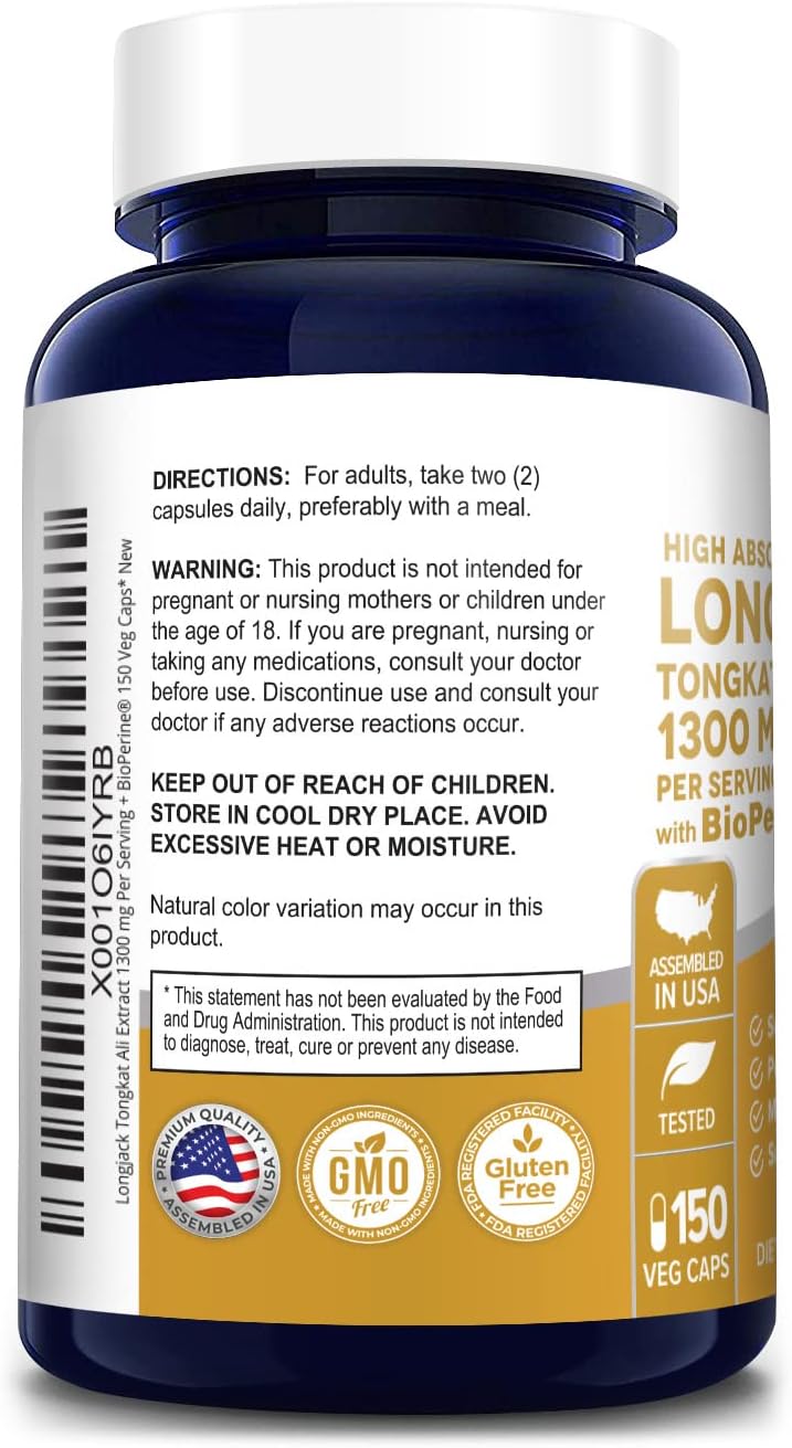 260,000mg Longjack Tongkat Ali Capsules with Bioperine - 150 Veg Caps, Non-GMO & Gluten Free