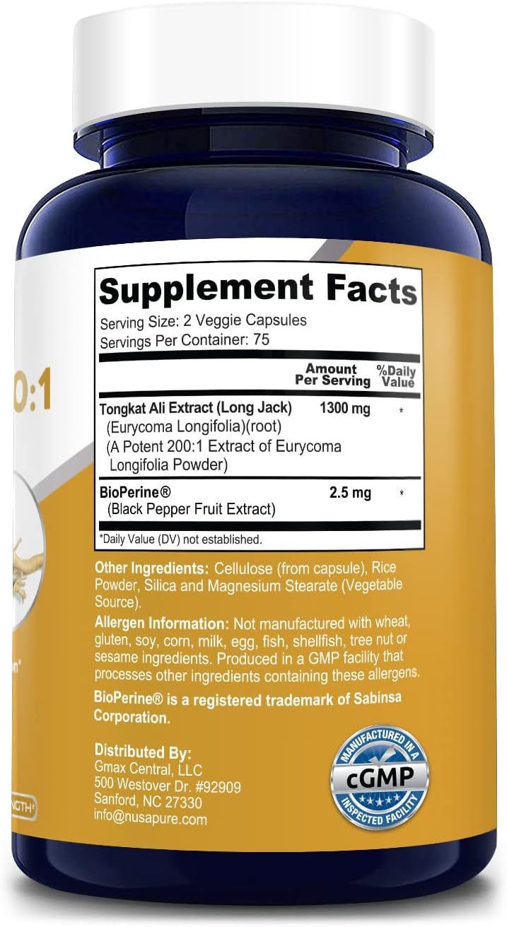 260,000mg Longjack Tongkat Ali Capsules with Bioperine - 150 Veg Caps, Non-GMO & Gluten Free