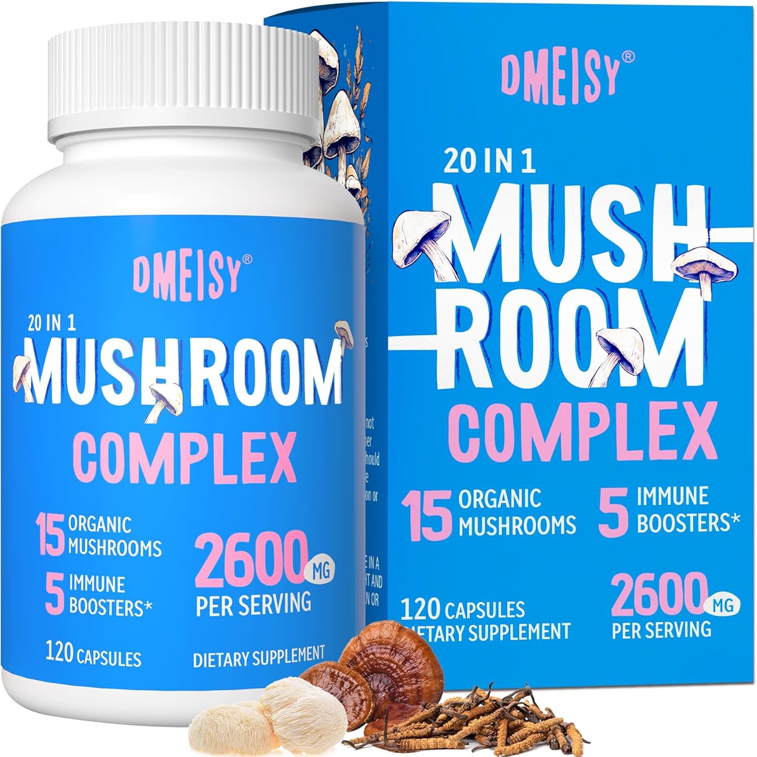 2600mg Mushroom Supplement with Lions Mane, Cordyceps, Reishi, Turkey Tail, Chaga - Memory, Focus, Mood, Immunity - 120 Capsules