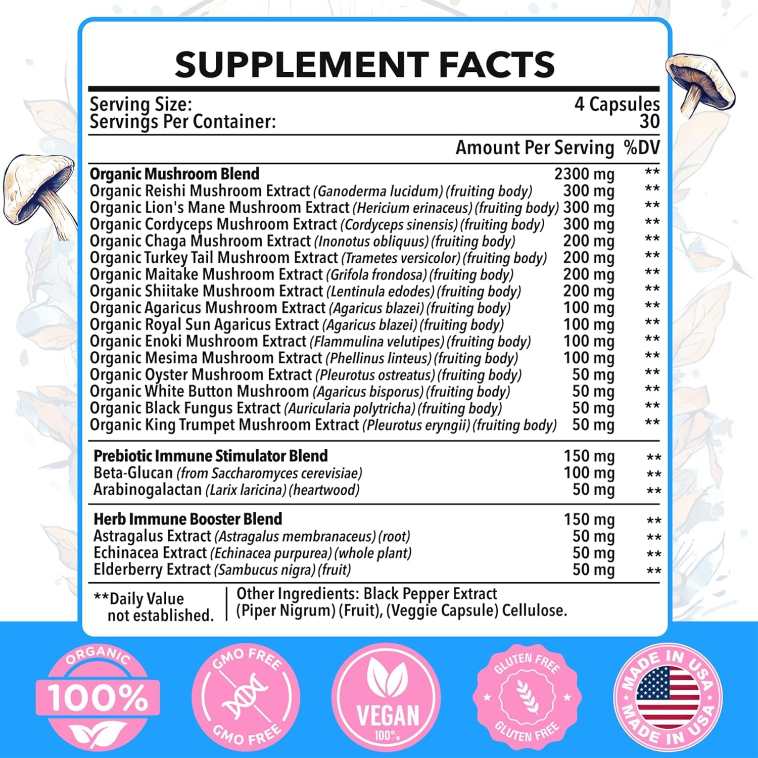 2600mg Mushroom Supplement with Lions Mane, Cordyceps, Reishi, Turkey Tail, Chaga - Memory, Focus, Mood, Immunity - 120 Capsules