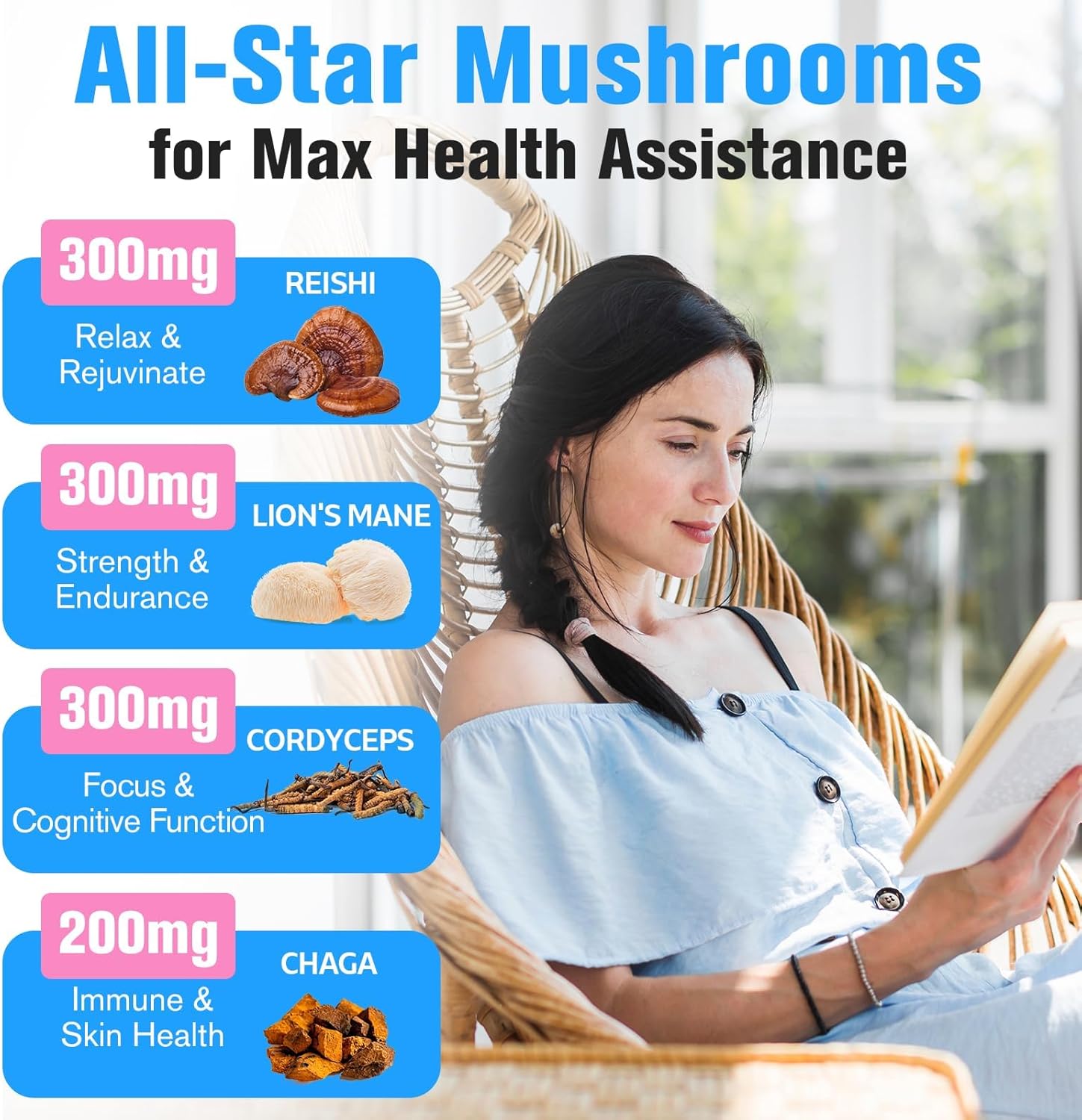 2600mg Mushroom Supplement with Lions Mane, Cordyceps, Reishi, Turkey Tail, Chaga - Memory, Focus, Mood, Immunity - 120 Capsules