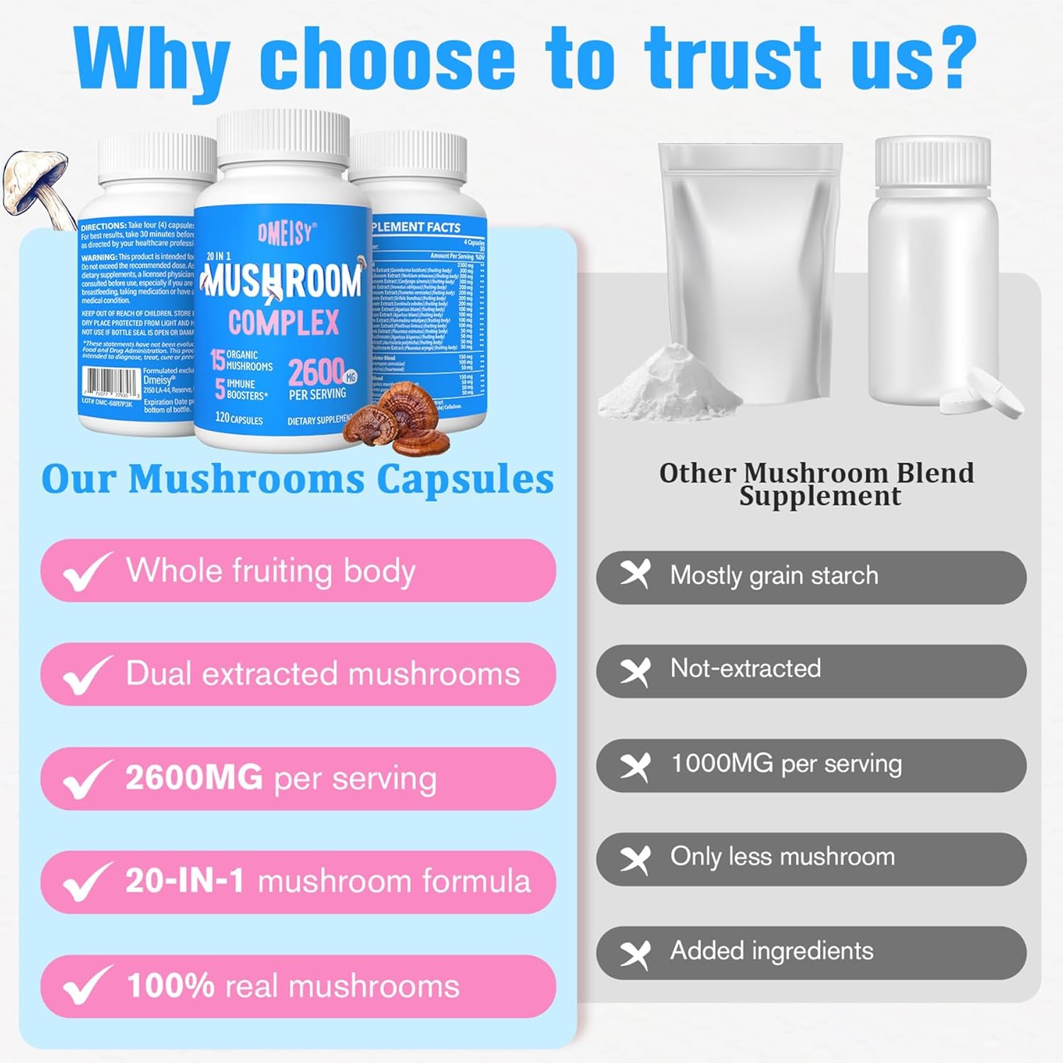 2600mg Mushroom Supplement with Lions Mane, Cordyceps, Reishi, Turkey Tail, Chaga - Memory, Focus, Mood, Immunity - 120 Capsules