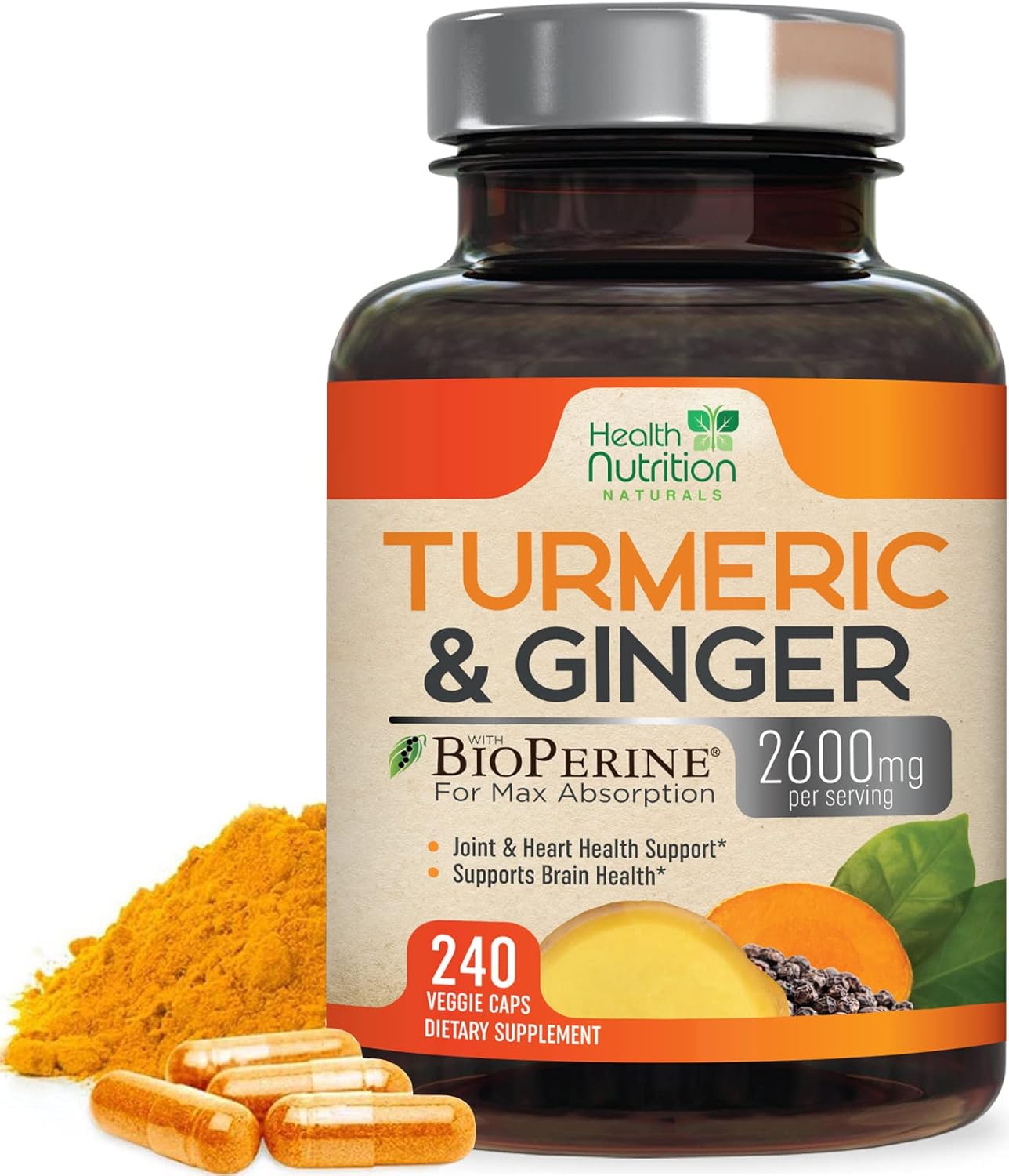 2600mg Turmeric Curcumin with BioPerine, Ginger & Black Pepper - Joint & Heart Support - 240 Capsules