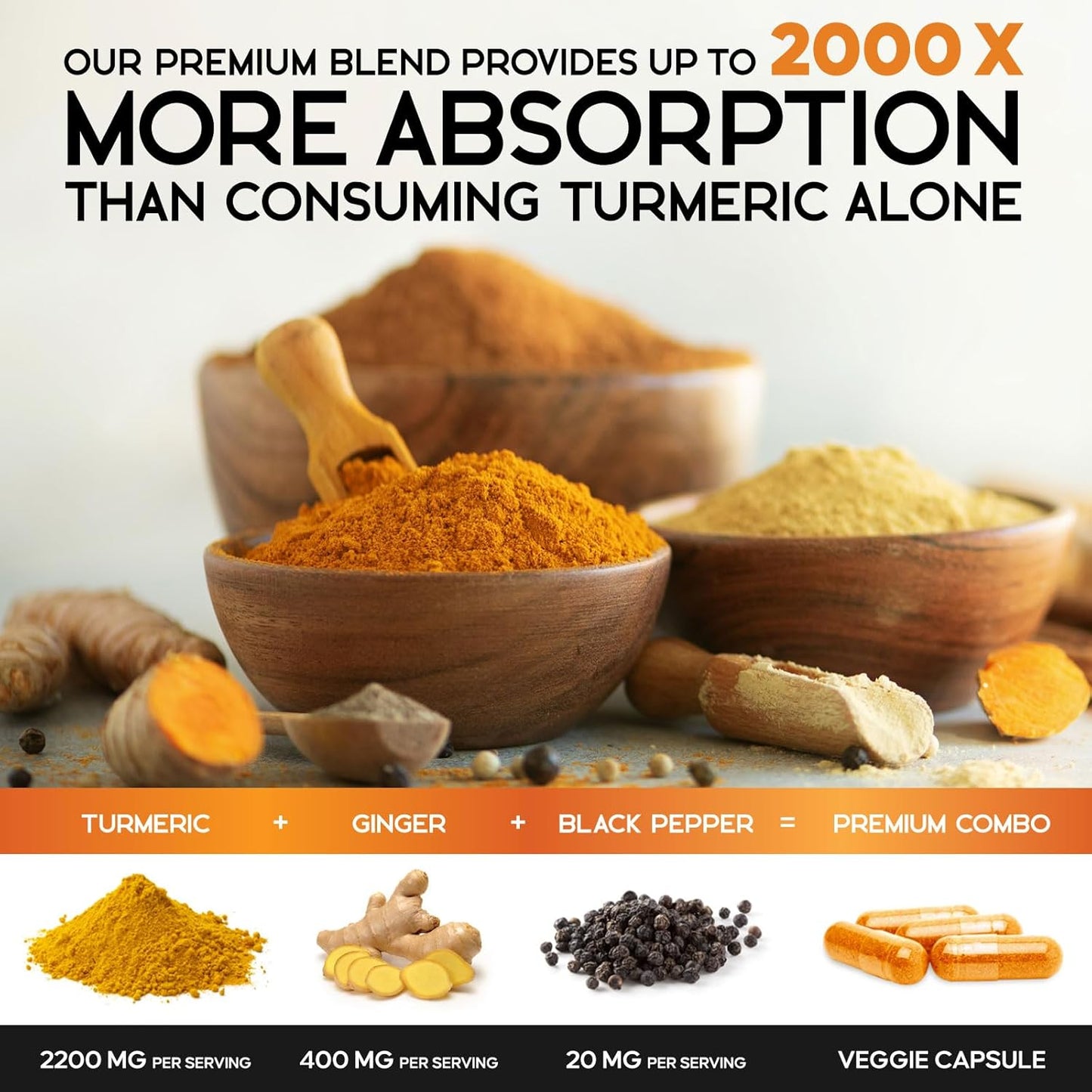 2600mg Turmeric Curcumin with BioPerine, Ginger & Black Pepper - Joint & Heart Support - 240 Capsules