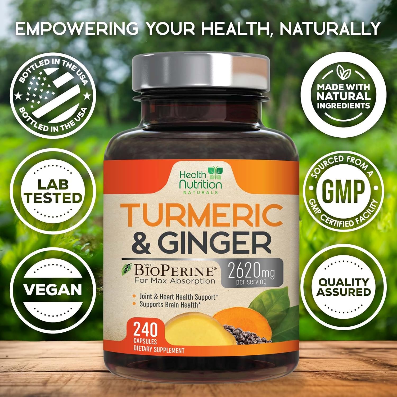 2600mg Turmeric Curcumin with BioPerine, Ginger & Black Pepper - Joint & Heart Support - 240 Capsules