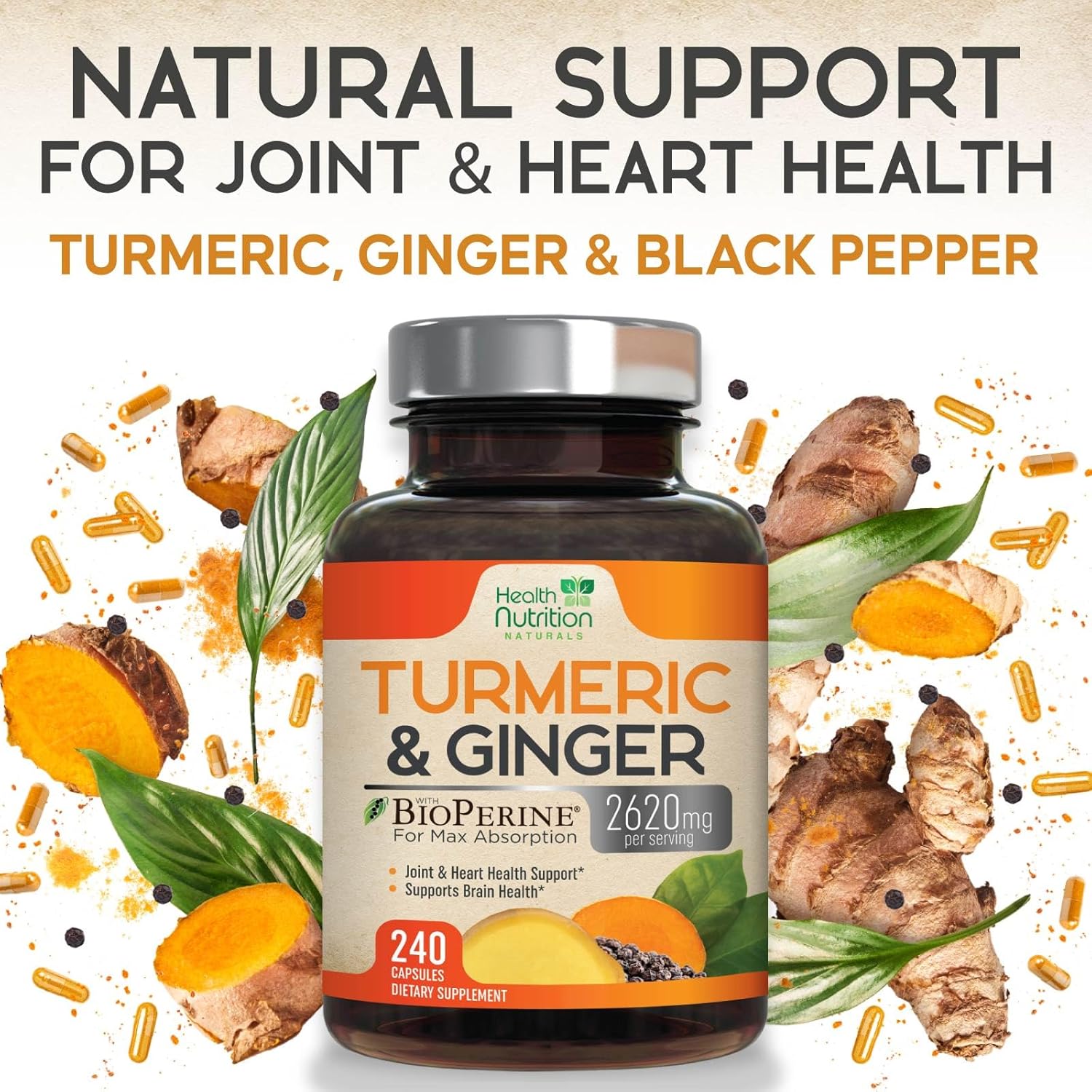2600mg Turmeric Curcumin with BioPerine, Ginger & Black Pepper - Joint & Heart Support - 240 Capsules