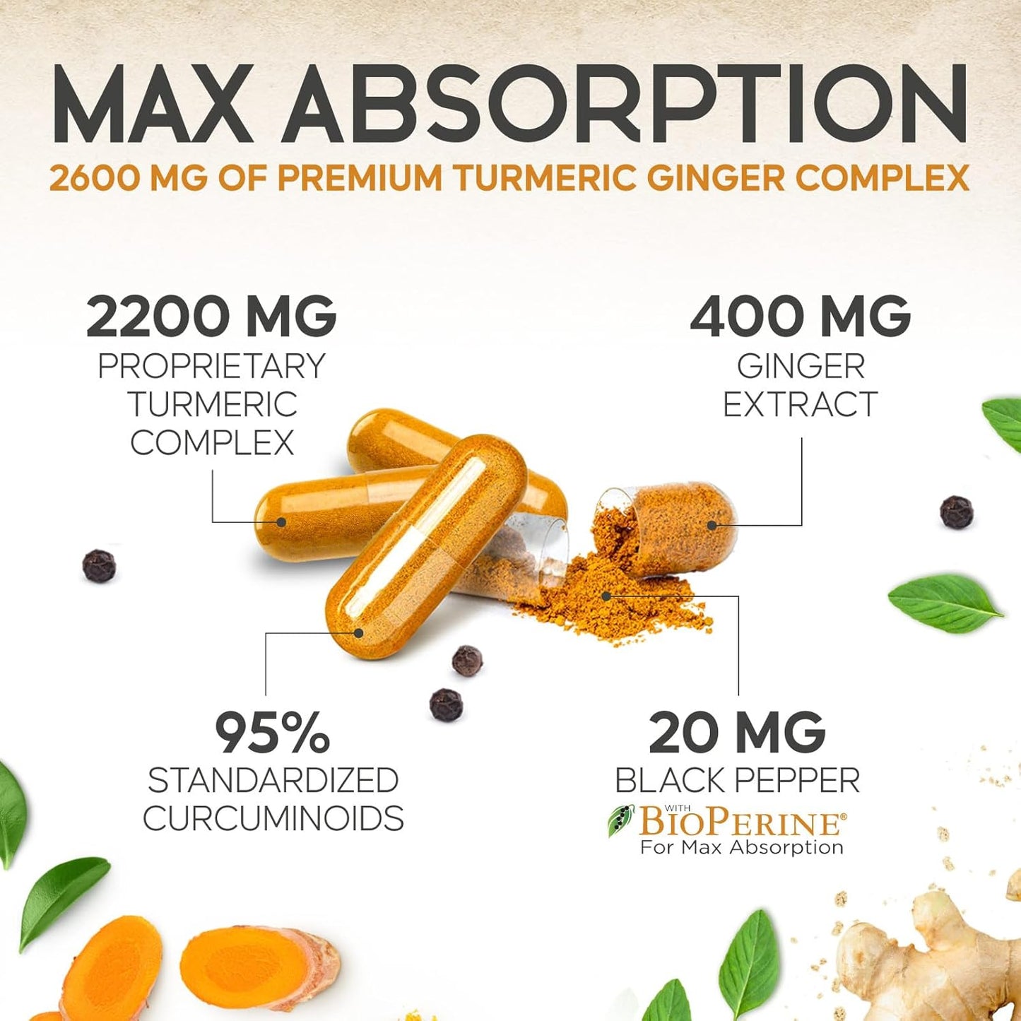 2600mg Turmeric Curcumin with BioPerine, Ginger & Black Pepper - Joint & Heart Support - 240 Capsules