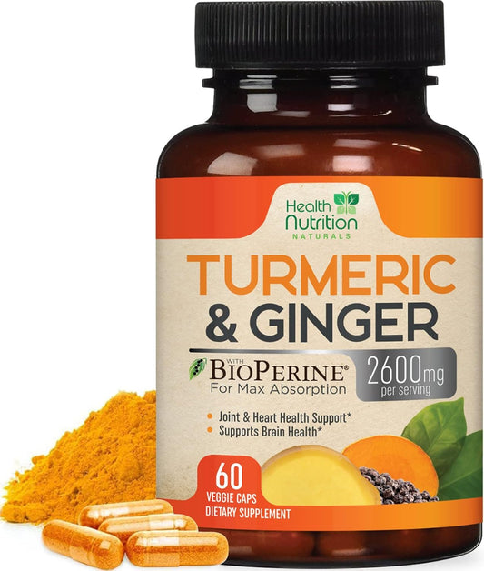 2600mg Turmeric Curcumin with BioPerine & Ginger Capsules - Natural Heart & Joint Support Supplement - 95% Curcuminoids for Max Absorption