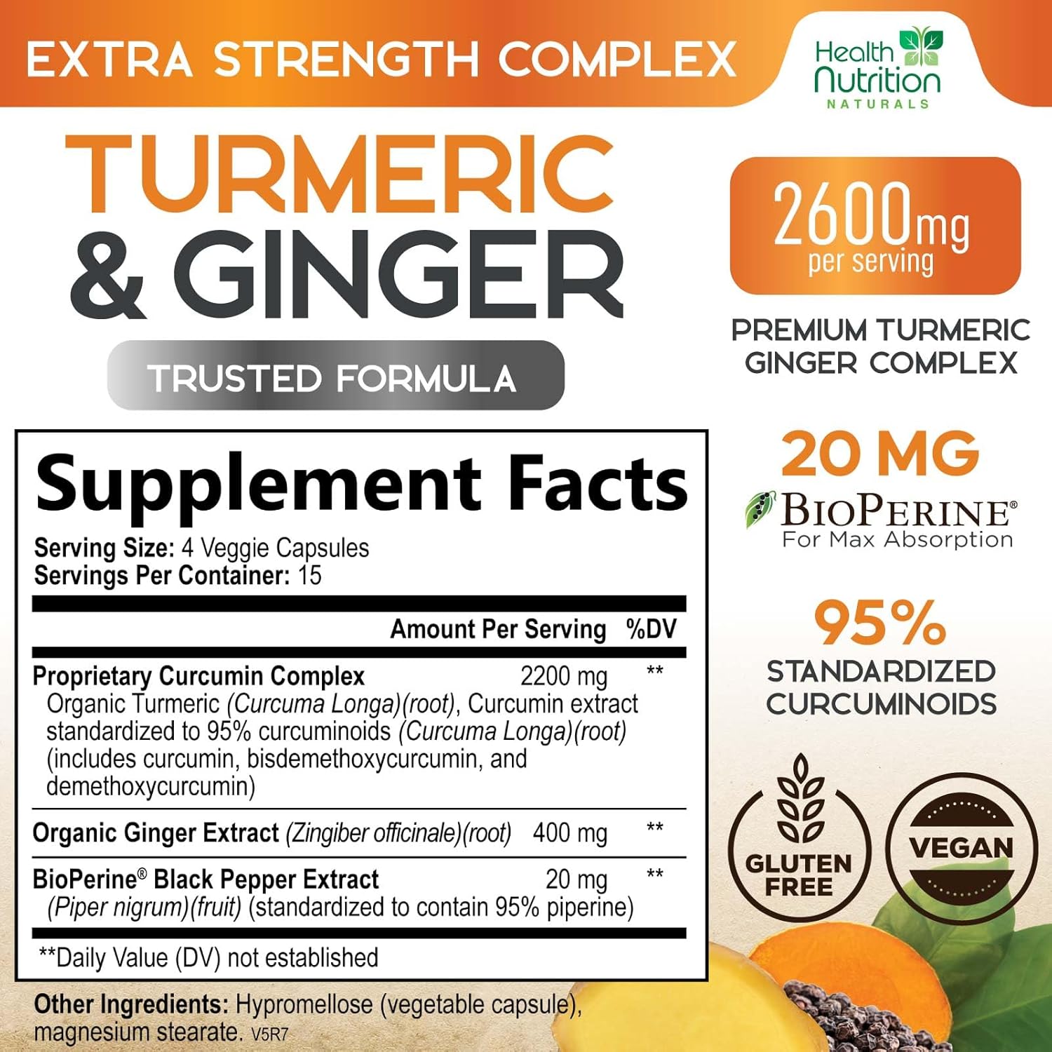 2600mg Turmeric Curcumin with BioPerine & Ginger Capsules - Natural Heart & Joint Support Supplement - 95% Curcuminoids for Max Absorption