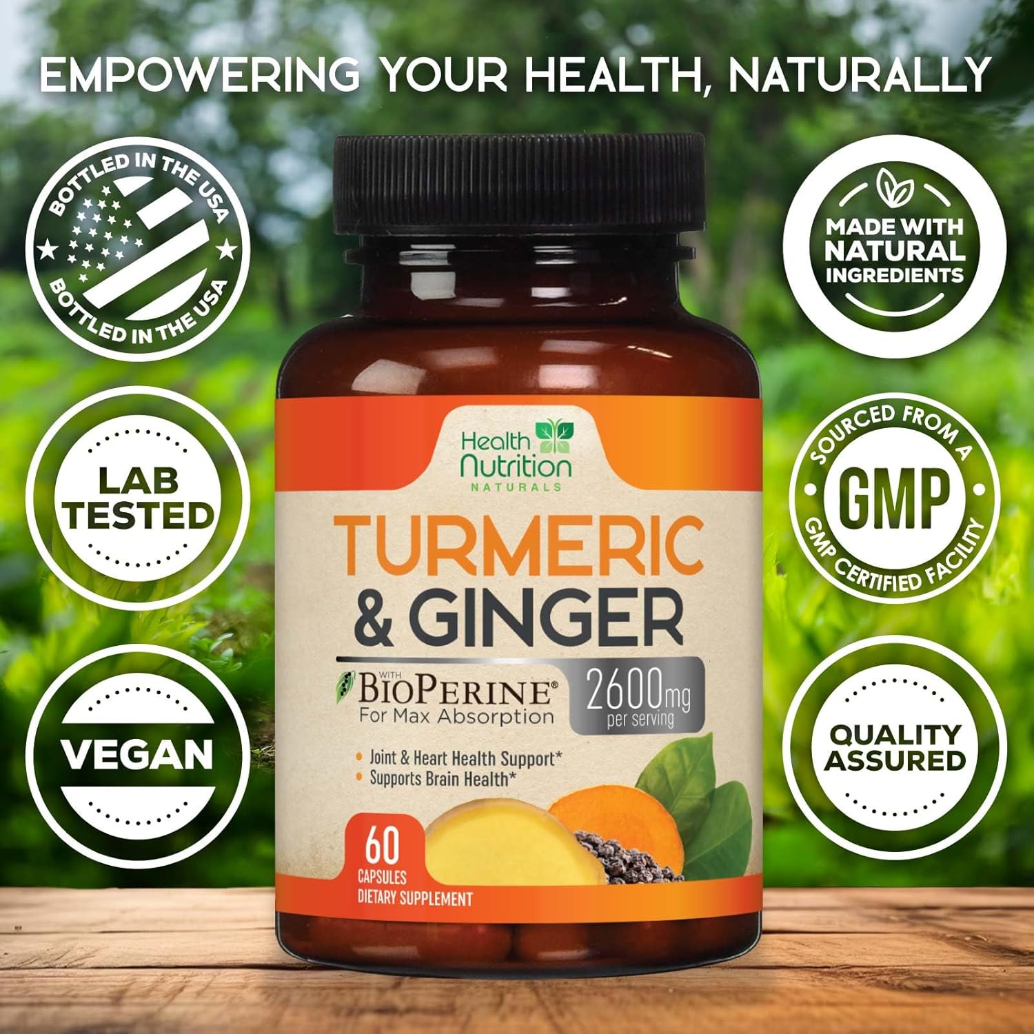 2600mg Turmeric Curcumin with BioPerine & Ginger Capsules - Natural Heart & Joint Support Supplement - 95% Curcuminoids for Max Absorption