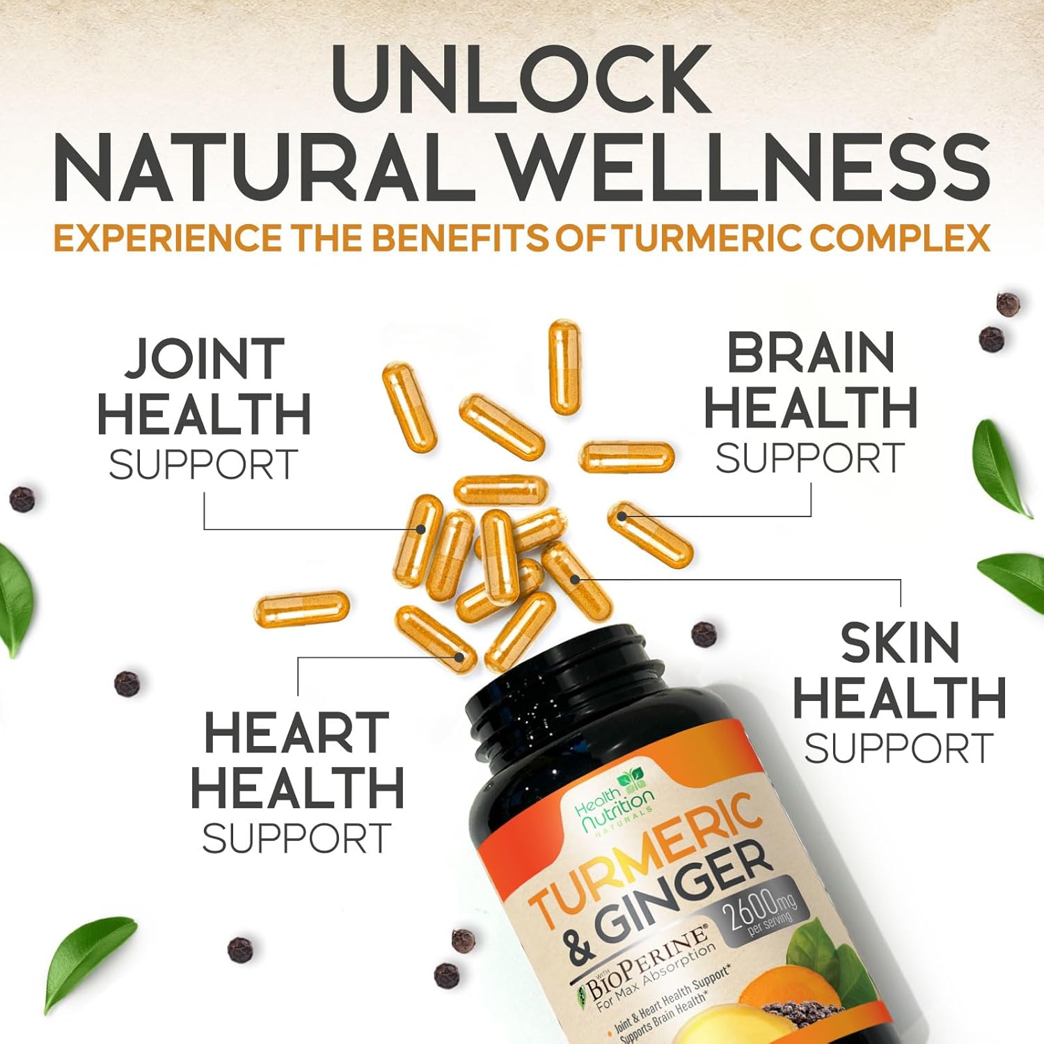 2600mg Turmeric Curcumin with BioPerine & Ginger Capsules - Natural Heart & Joint Support Supplement - 95% Curcuminoids for Max Absorption