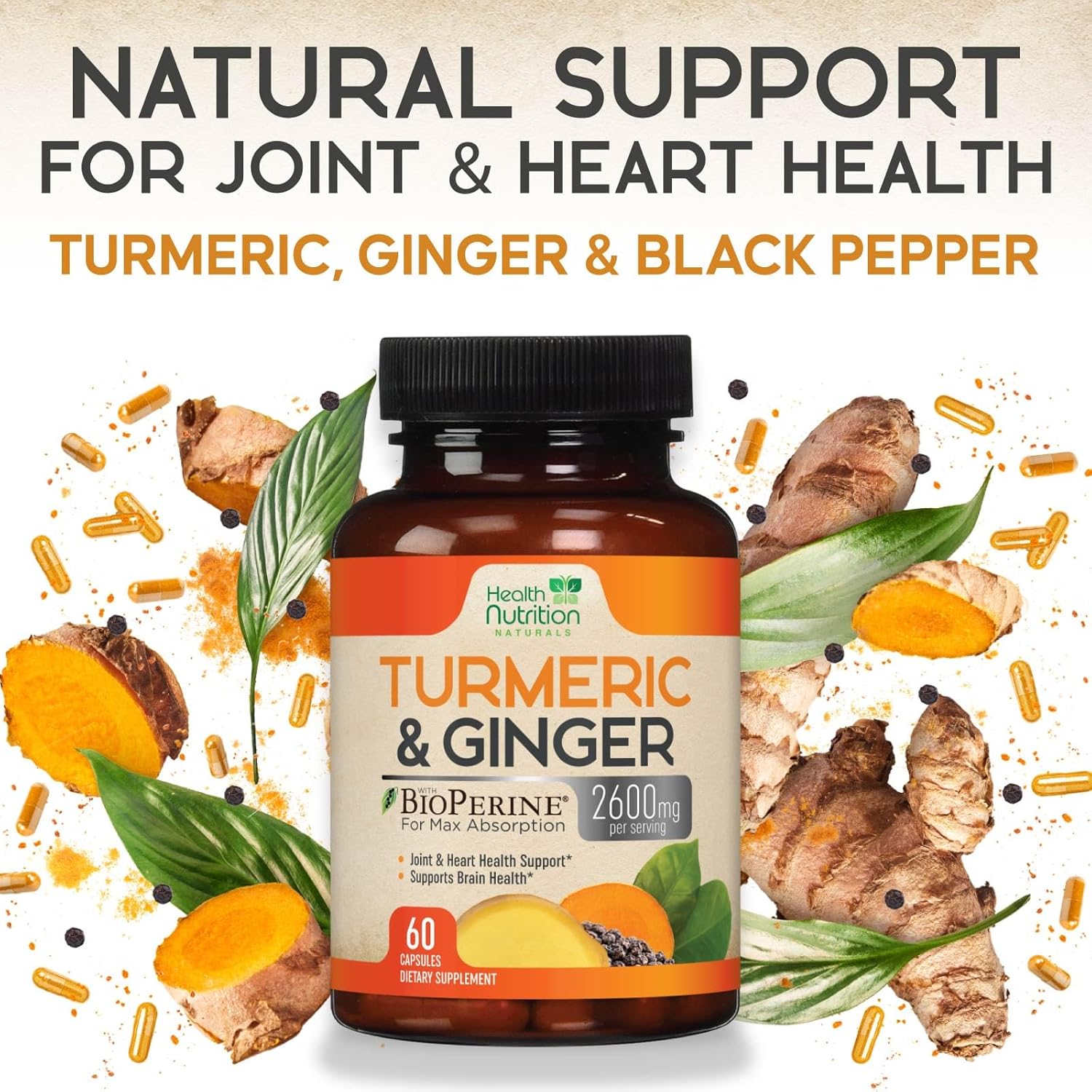 2600mg Turmeric Curcumin with BioPerine & Ginger Capsules - Natural Heart & Joint Support Supplement - 95% Curcuminoids for Max Absorption