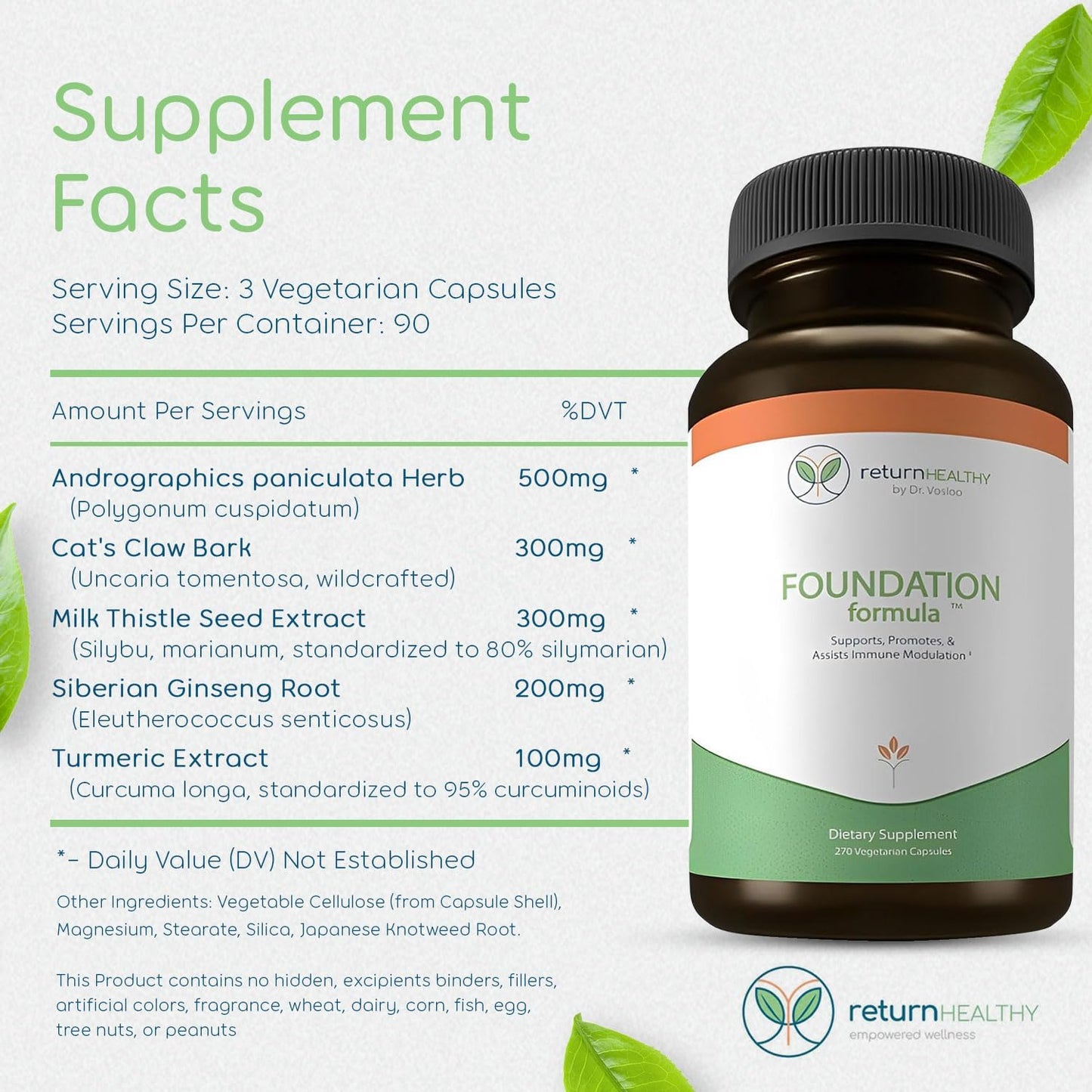 270 Capsules of Non-GMO Immune Support Supplement with Japanese Knotweed Root, Cat's Claw, Milk Thistle, and Resveratrol - Vegetarian Formula for Healthy Foundation