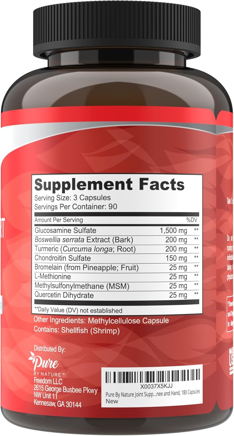 270 Capsules Pure By Nature Joint Support with Glucosamine, Chondroitin, Turmeric, MSM, and Boswellia Supplement